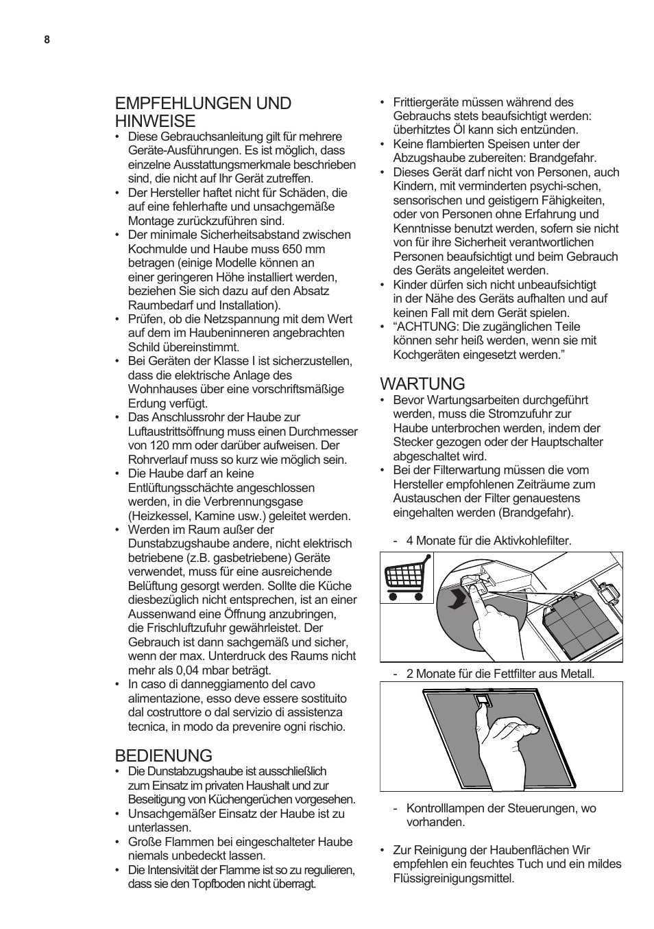 Empfehlungen und hinweise, Bedienung, Wartung | AEG X59143MD0 User Manual | Page 8 / 72