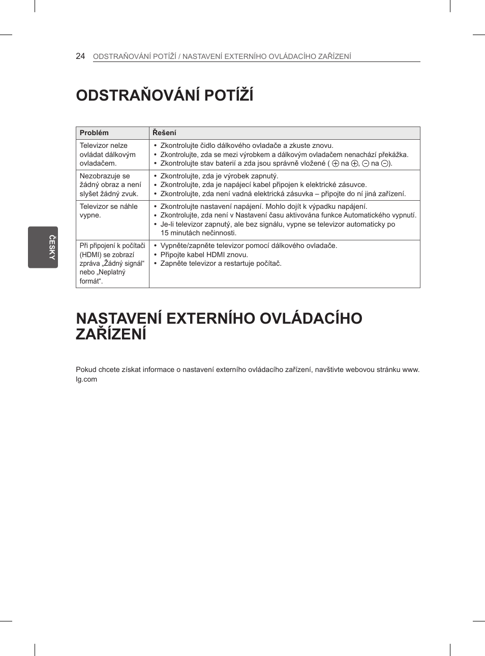 Odstraňování potíží, Nastavení externího ovládacího zařízení | LG 47LA6130 User Manual | Page 100 / 436