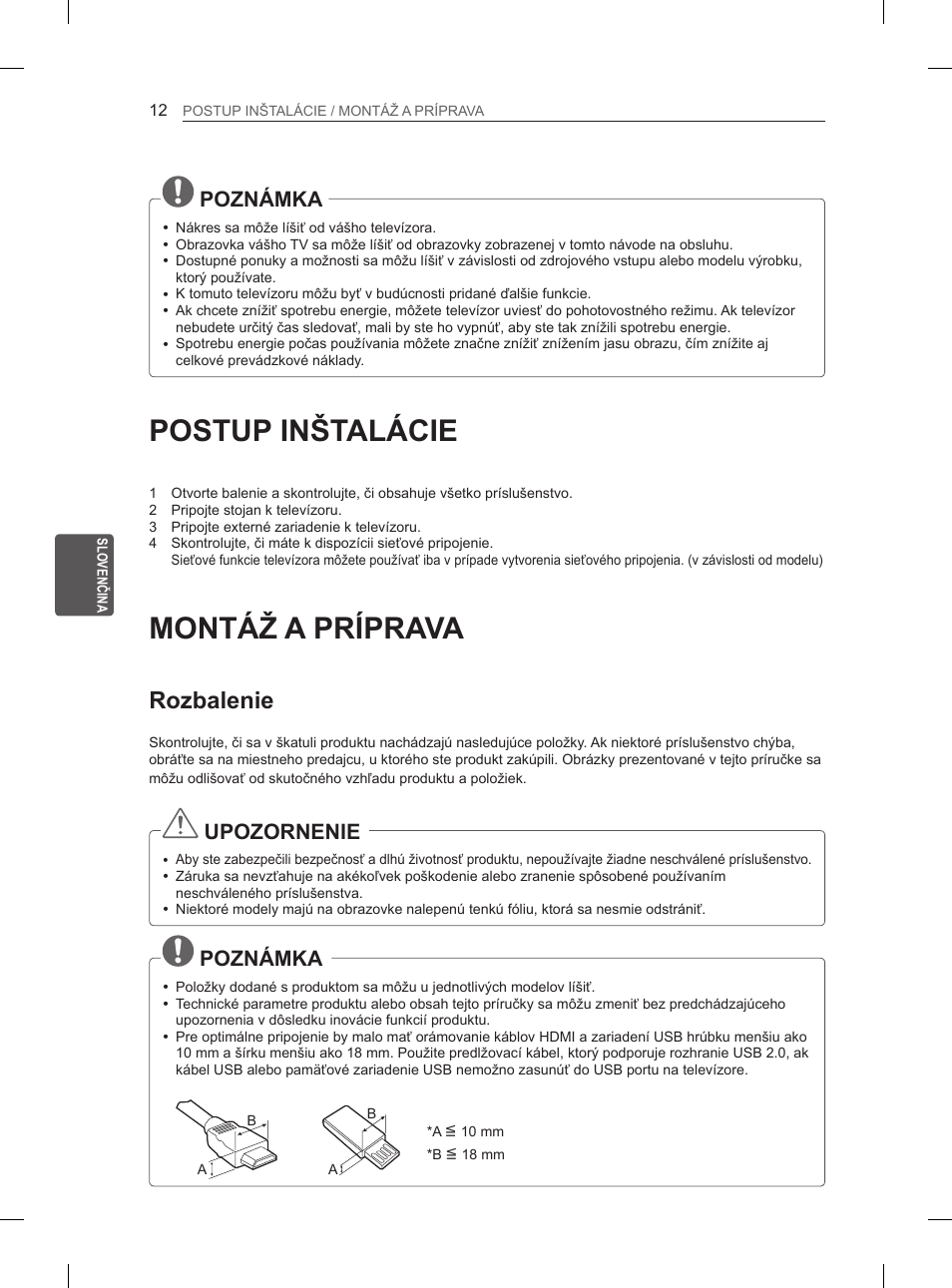 Postup inštalácie, Montáž a príprava, Rozbalenie | Poznámka, Upozornenie | LG 47LA6130 User Manual | Page 112 / 436