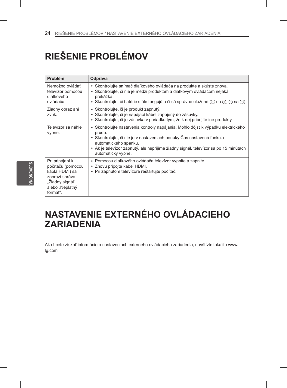 Riešenie problémov, Nastavenie externého ovládacieho zariadenia | LG 47LA6130 User Manual | Page 124 / 436