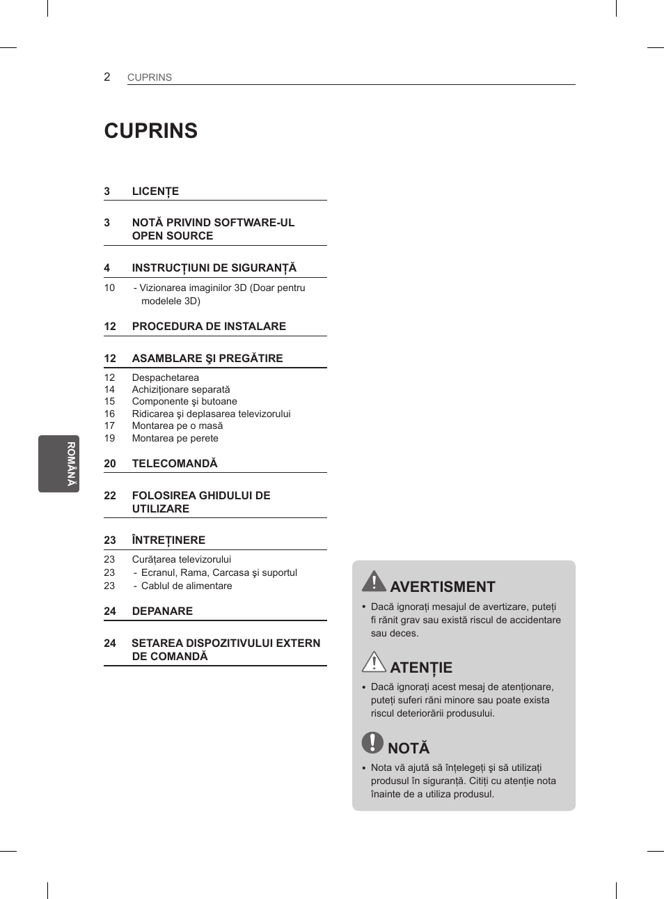 Cuprins, Avertisment, Atenţie | Notă | LG 47LA6130 User Manual | Page 126 / 436