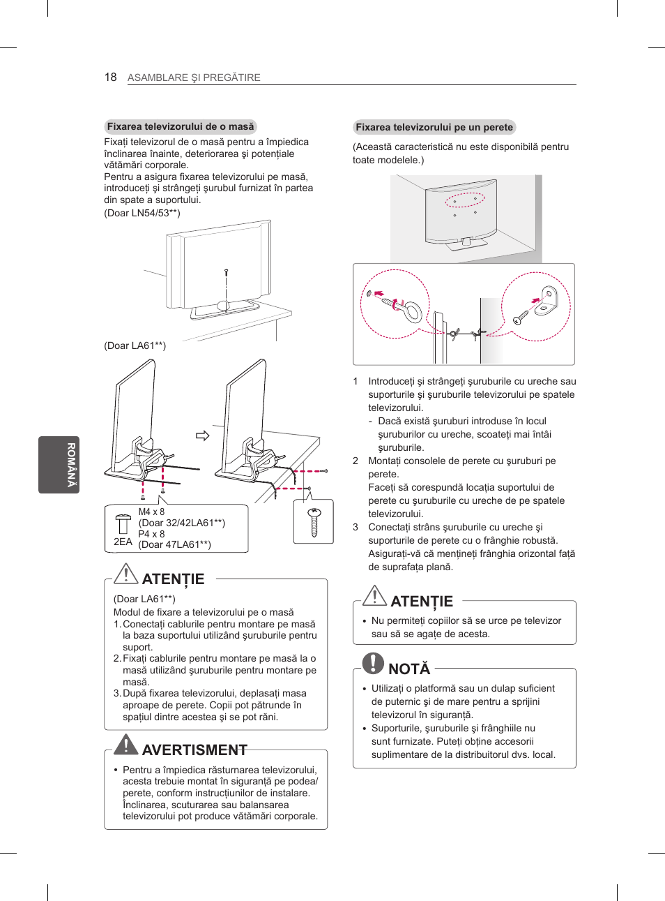 Atenţie, Avertisment, Notă | LG 47LA6130 User Manual | Page 142 / 436