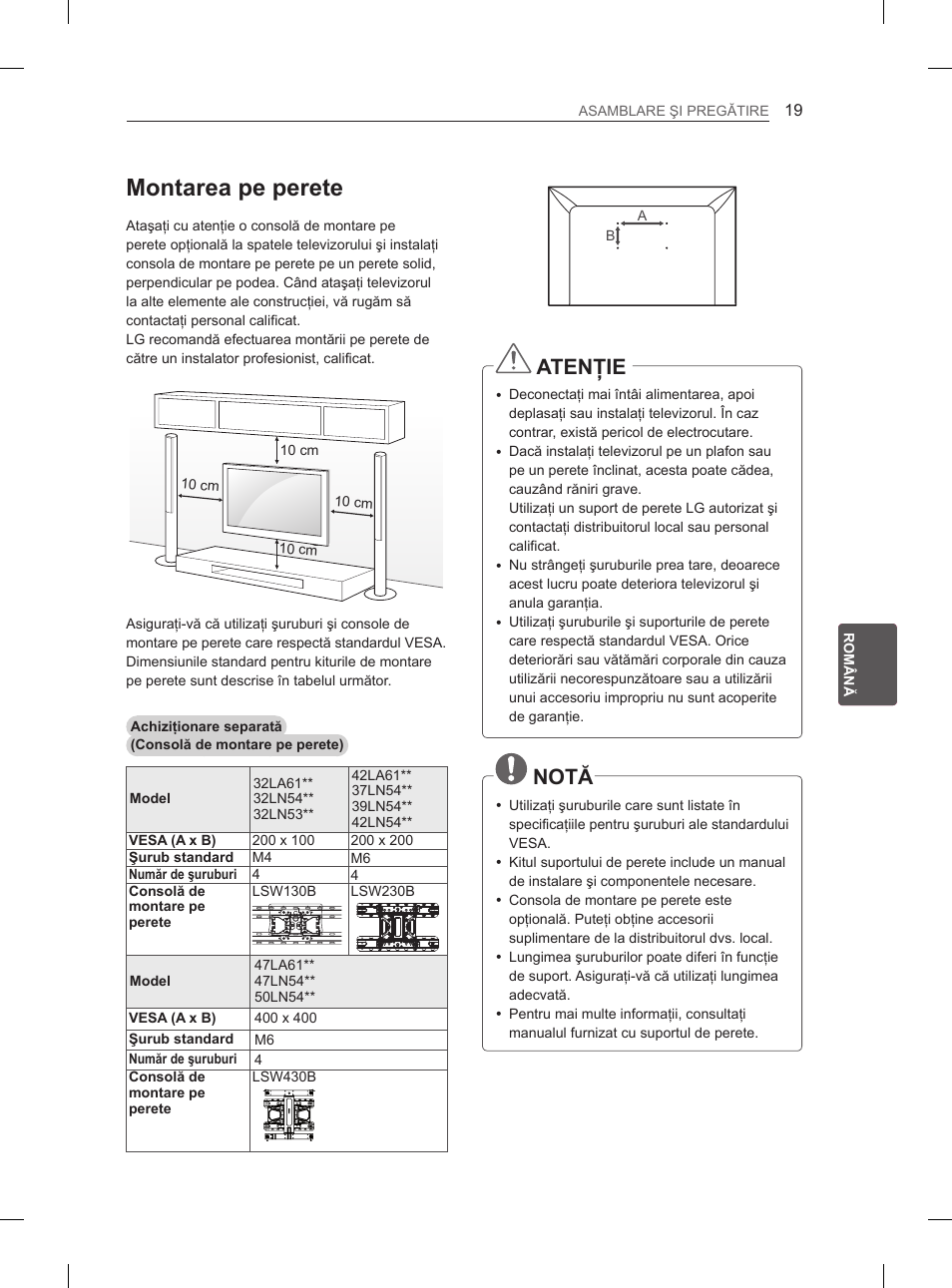 Montarea pe perete, Atenţie, Notă | LG 47LA6130 User Manual | Page 143 / 436