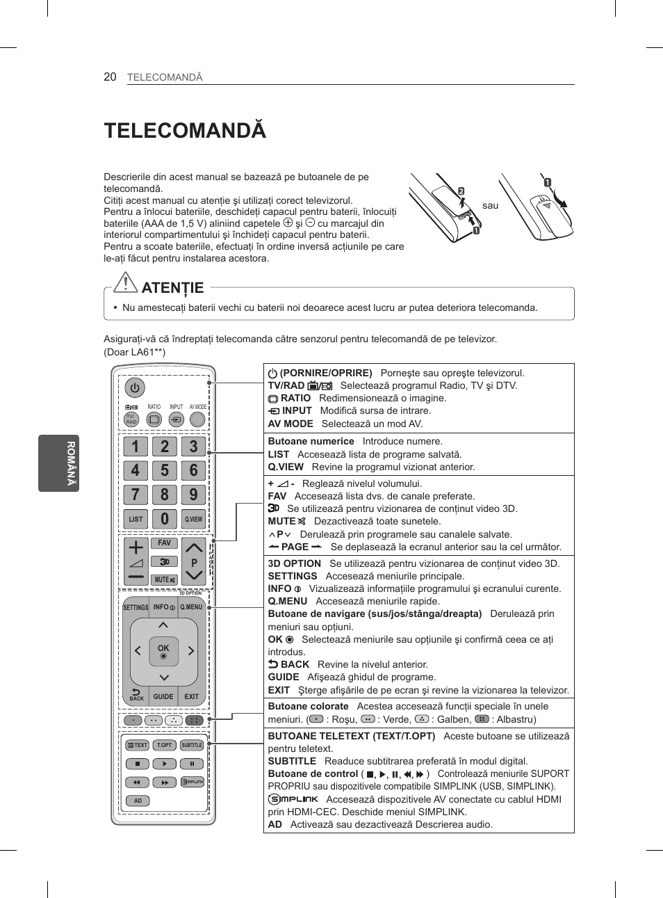 Telecomandă, Atenţie | LG 47LA6130 User Manual | Page 144 / 436