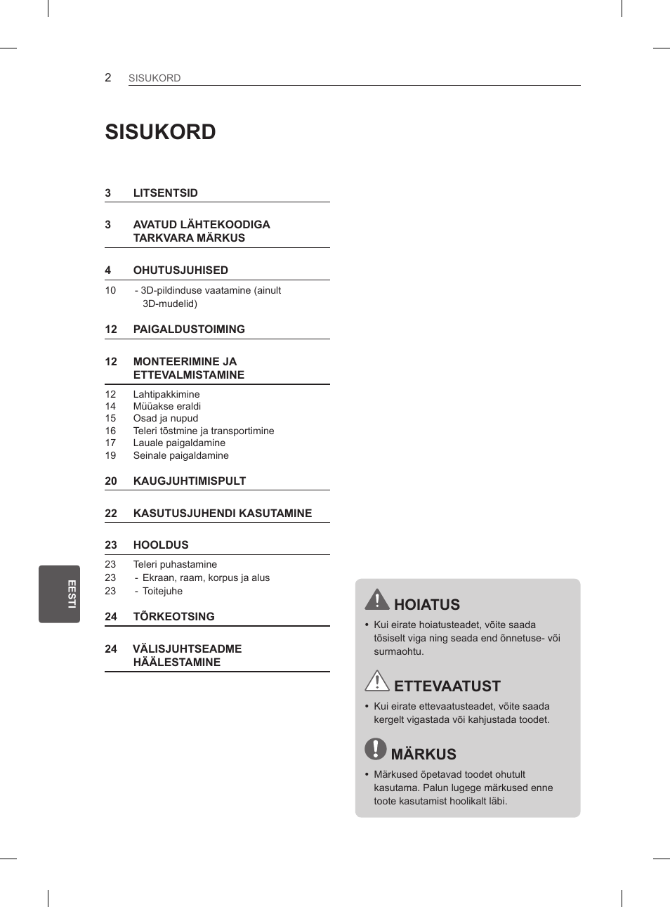 Sisukord, Hoiatus, Ettevaatust | Märkus | LG 47LA6130 User Manual | Page 174 / 436