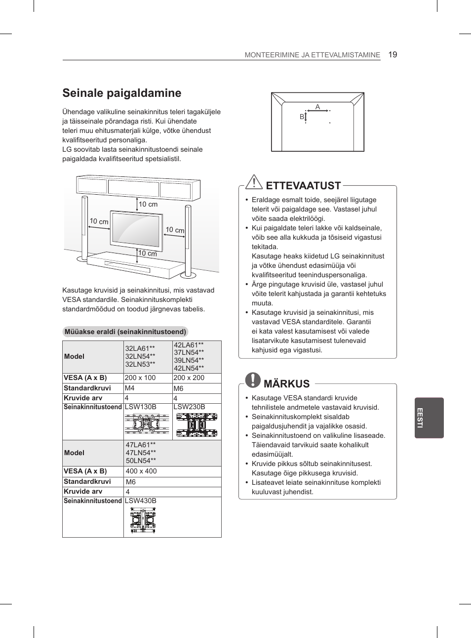 Seinale paigaldamine, Ettevaatust, Märkus | LG 47LA6130 User Manual | Page 191 / 436