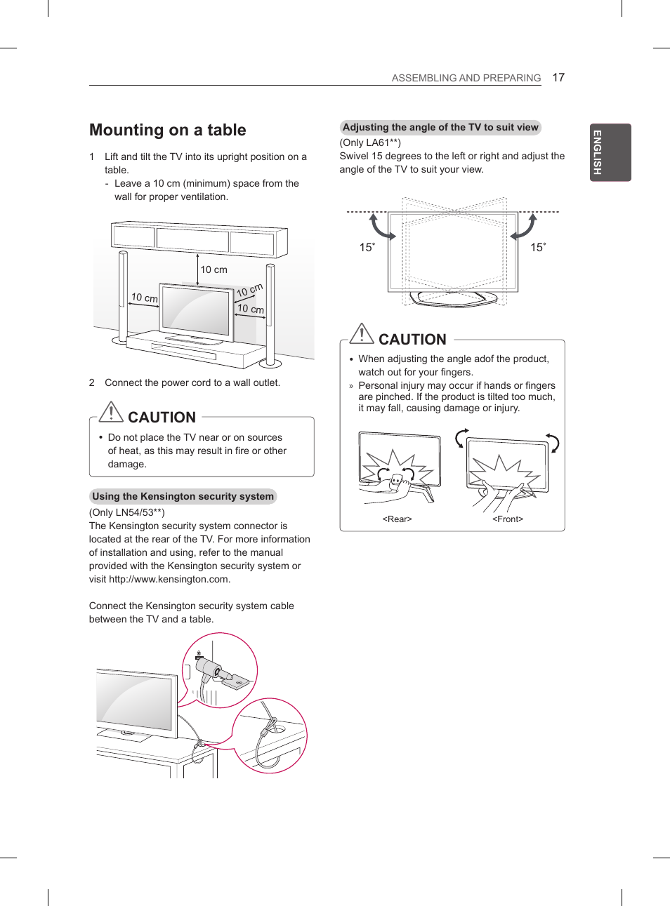 Mounting on a table, Caution | LG 47LA6130 User Manual | Page 21 / 436