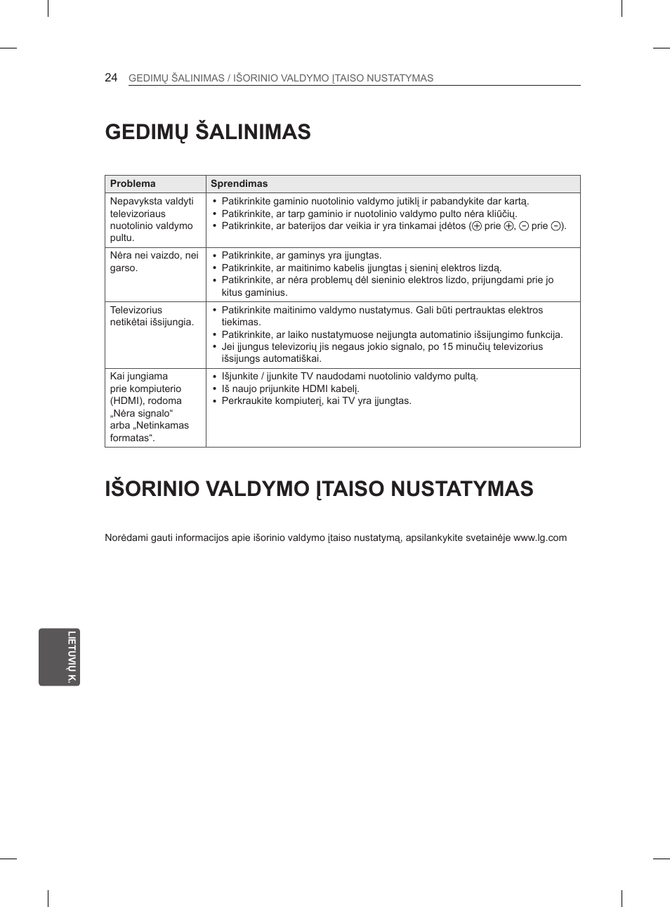 Gedimų šalinimas, Išorinio valdymo įtaiso nustatymas | LG 47LA6130 User Manual | Page 220 / 436