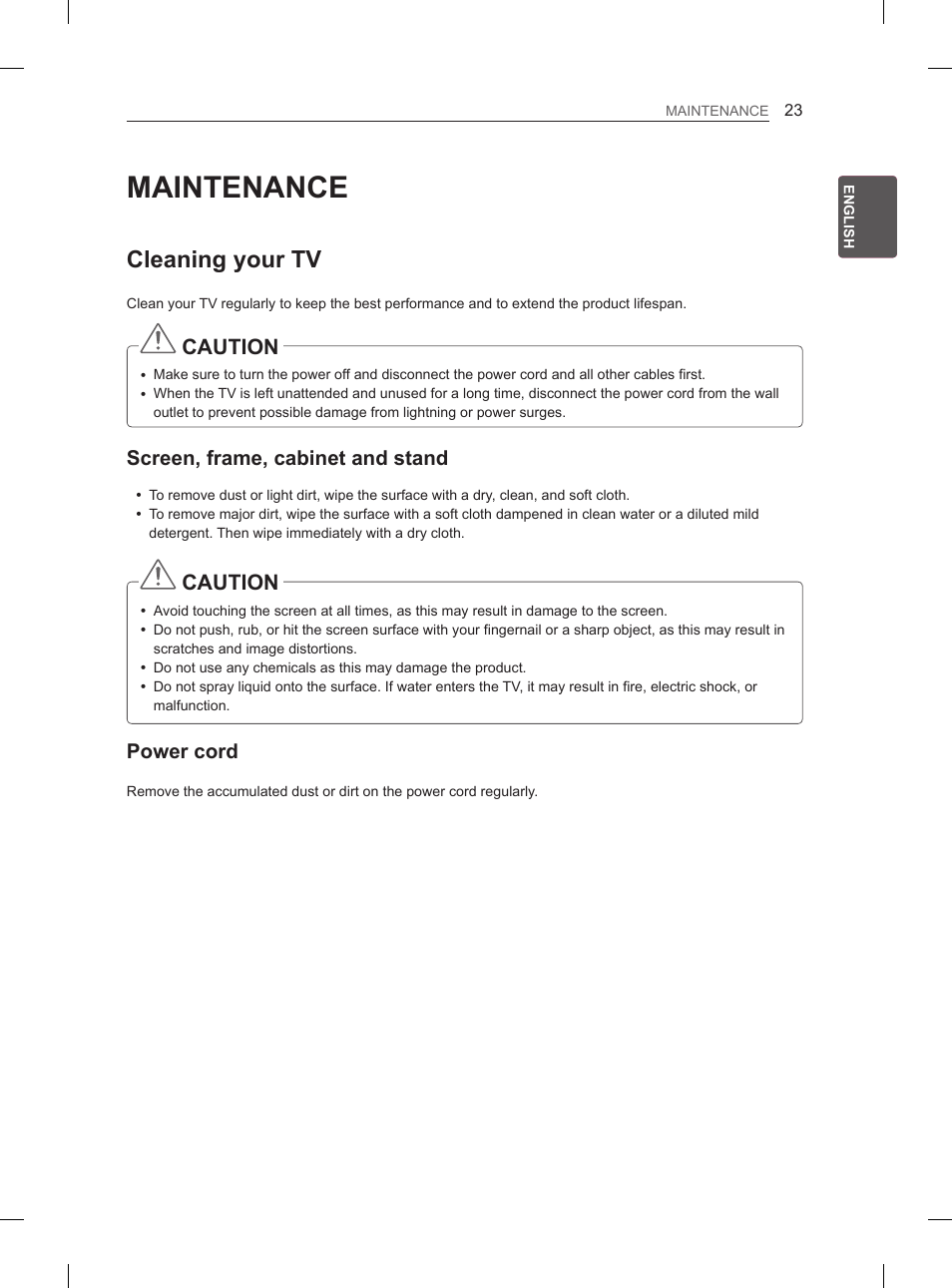 Maintenance, Cleaning your tv, Caution | Screen, frame, cabinet and stand, Power cord | LG 47LA6130 User Manual | Page 27 / 436