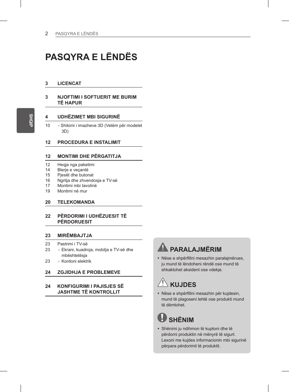 Pasqyra e lëndës, Paralajmërim, Kujdes | Shënim | LG 47LA6130 User Manual | Page 294 / 436