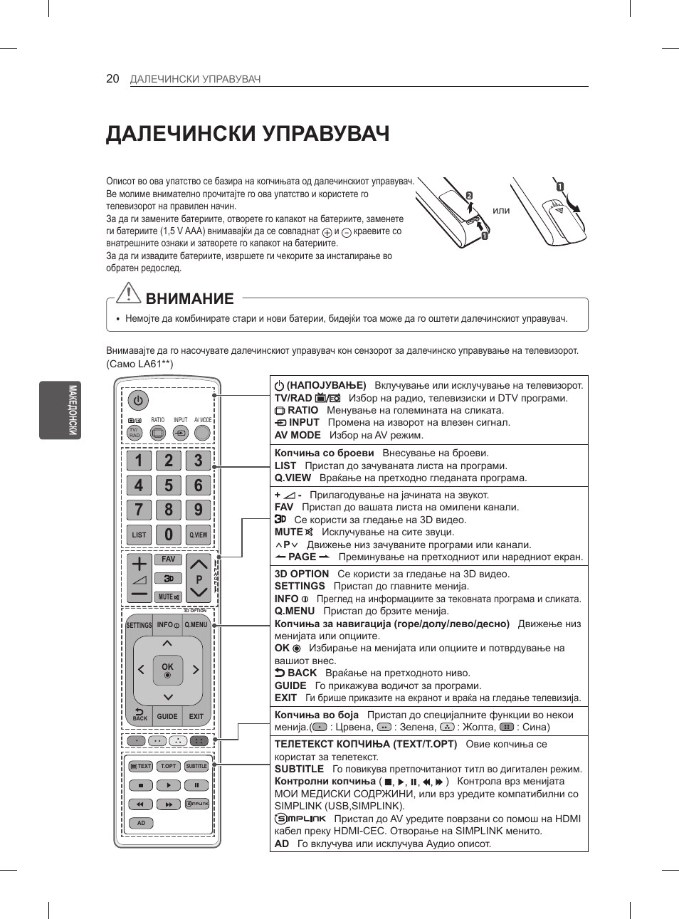 Далечински управувач, Внимание | LG 47LA6130 User Manual | Page 360 / 436