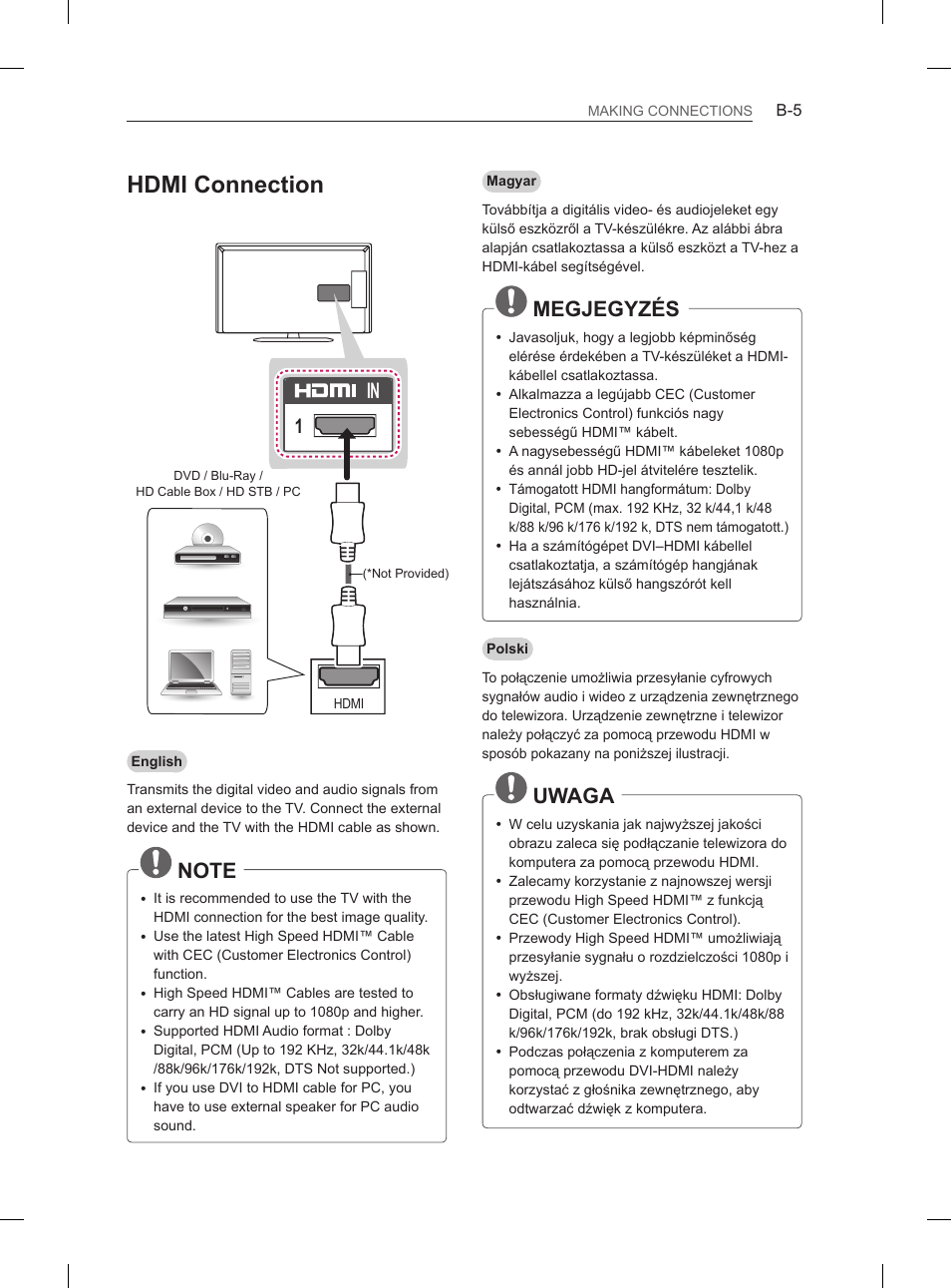 Hdmi connection, Megjegyzés, Uwaga | LG 47LA6130 User Manual | Page 393 / 436