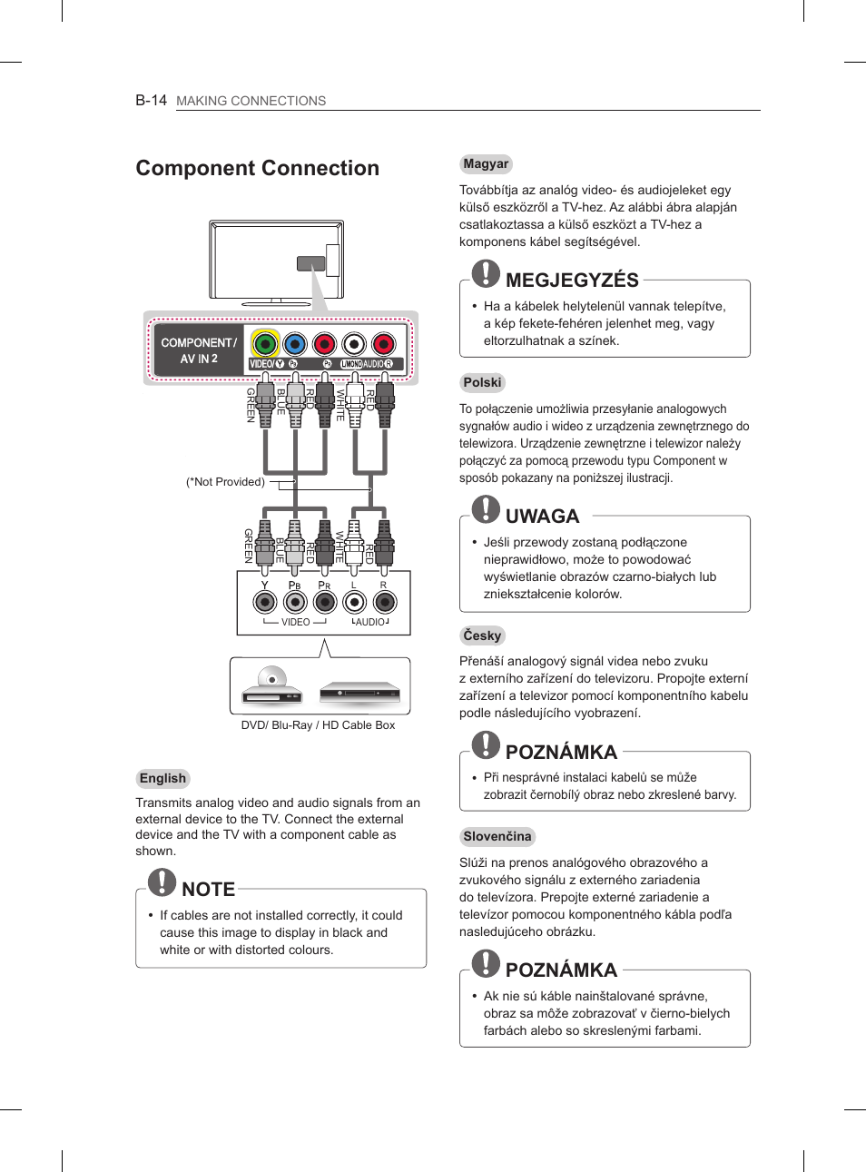 Component connection, Megjegyzés, Uwaga | Poznámka | LG 47LA6130 User Manual | Page 402 / 436