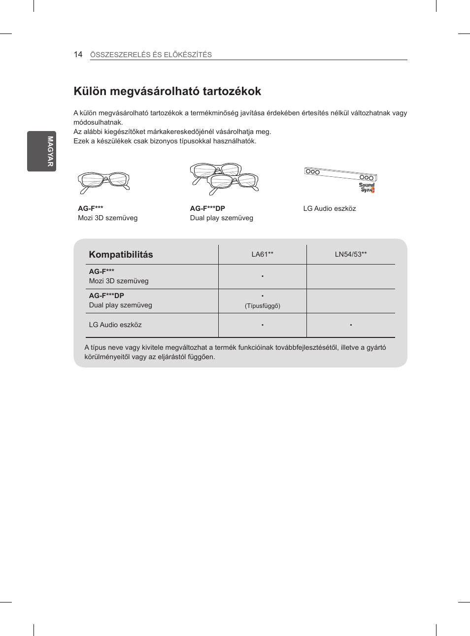 Külön megvásárolható tartozékok, Kompatibilitás | LG 47LA6130 User Manual | Page 42 / 436