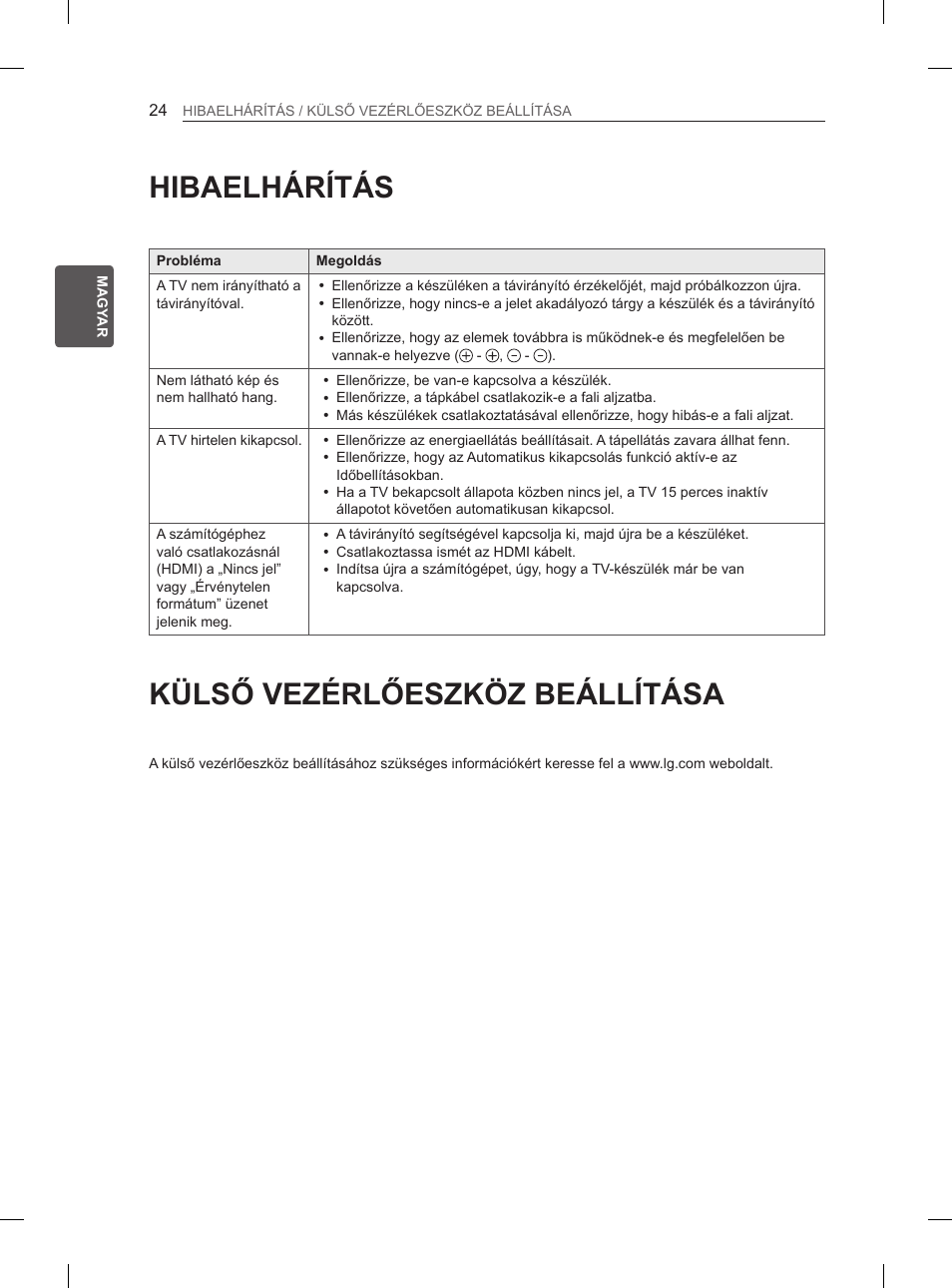 Hibaelhárítás, Külső vezérlőeszköz beállítása | LG 47LA6130 User Manual | Page 52 / 436