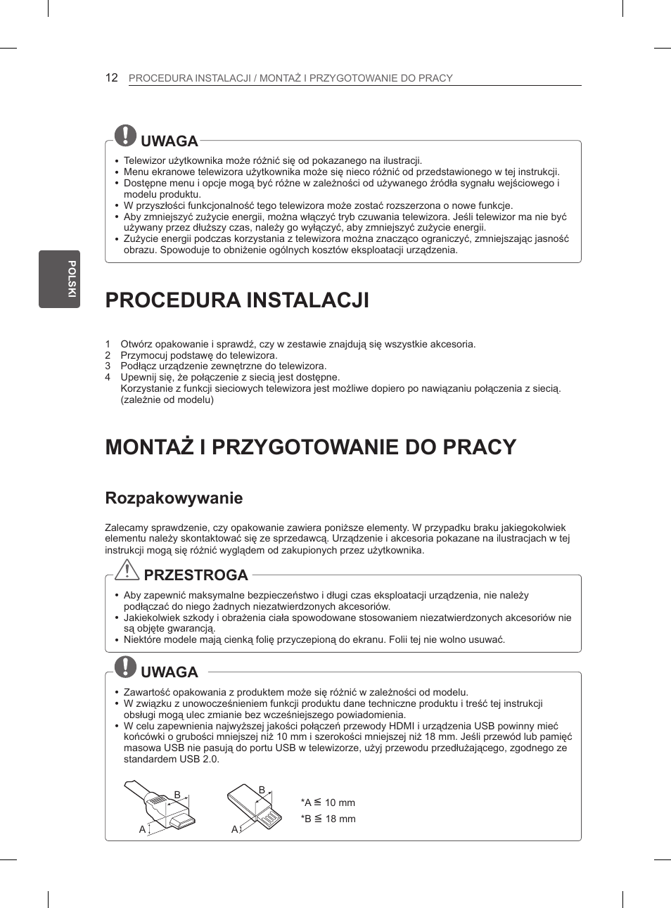 Procedura instalacji, Montaż i przygotowanie do pracy, Rozpakowywanie | Uwaga, Przestroga | LG 47LA6130 User Manual | Page 64 / 436