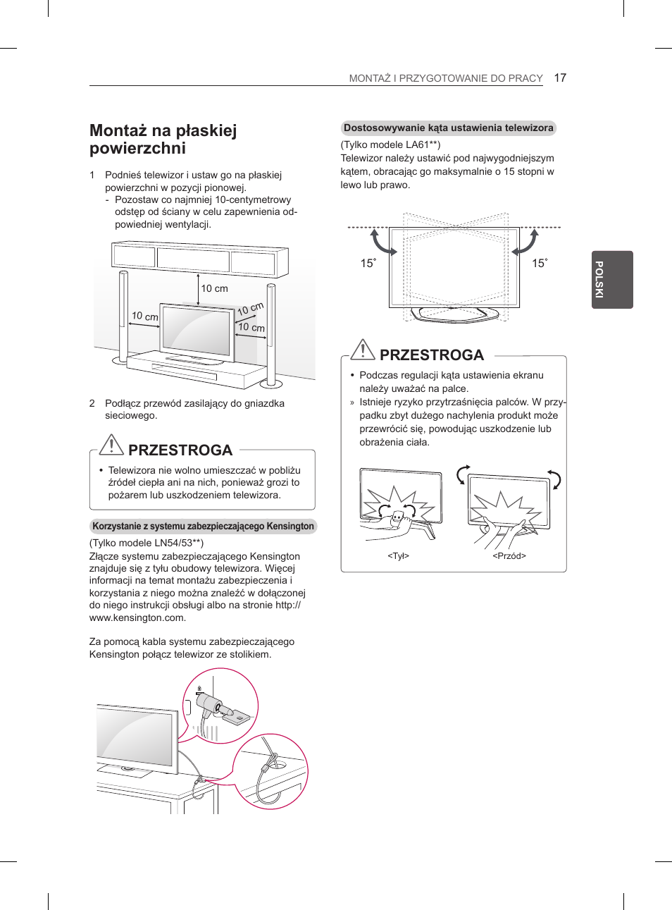 Montaż na płaskiej powierzchni, Przestroga | LG 47LA6130 User Manual | Page 69 / 436