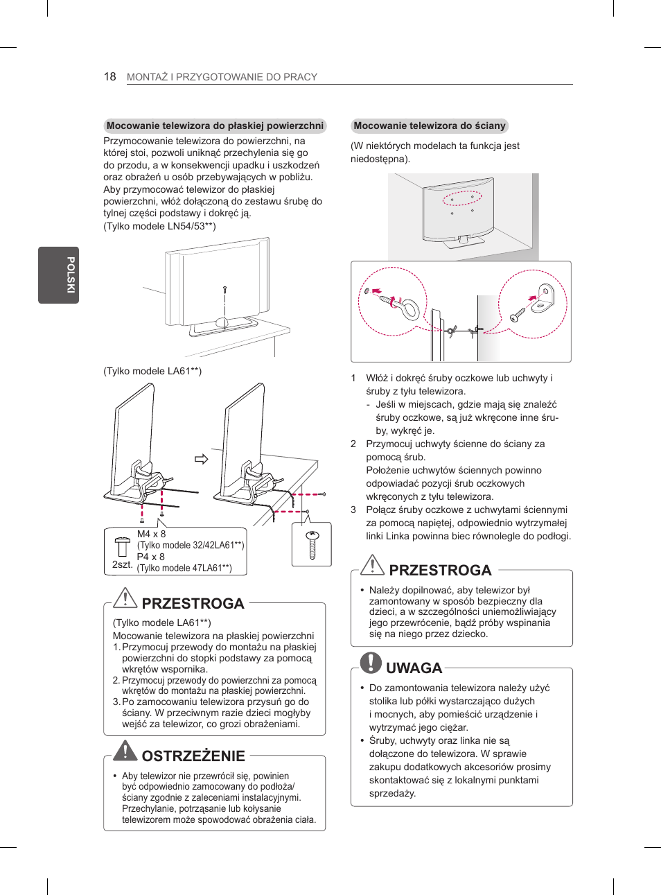 Przestroga, Ostrzeżenie, Uwaga | LG 47LA6130 User Manual | Page 70 / 436