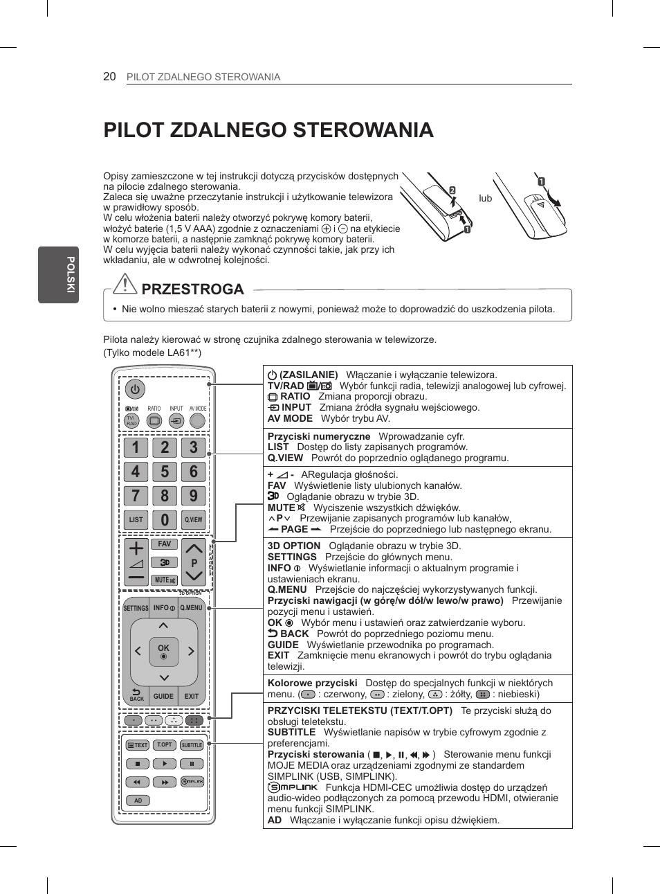 Pilot zdalnego sterowania, Przestroga | LG 47LA6130 User Manual | Page 72 / 436