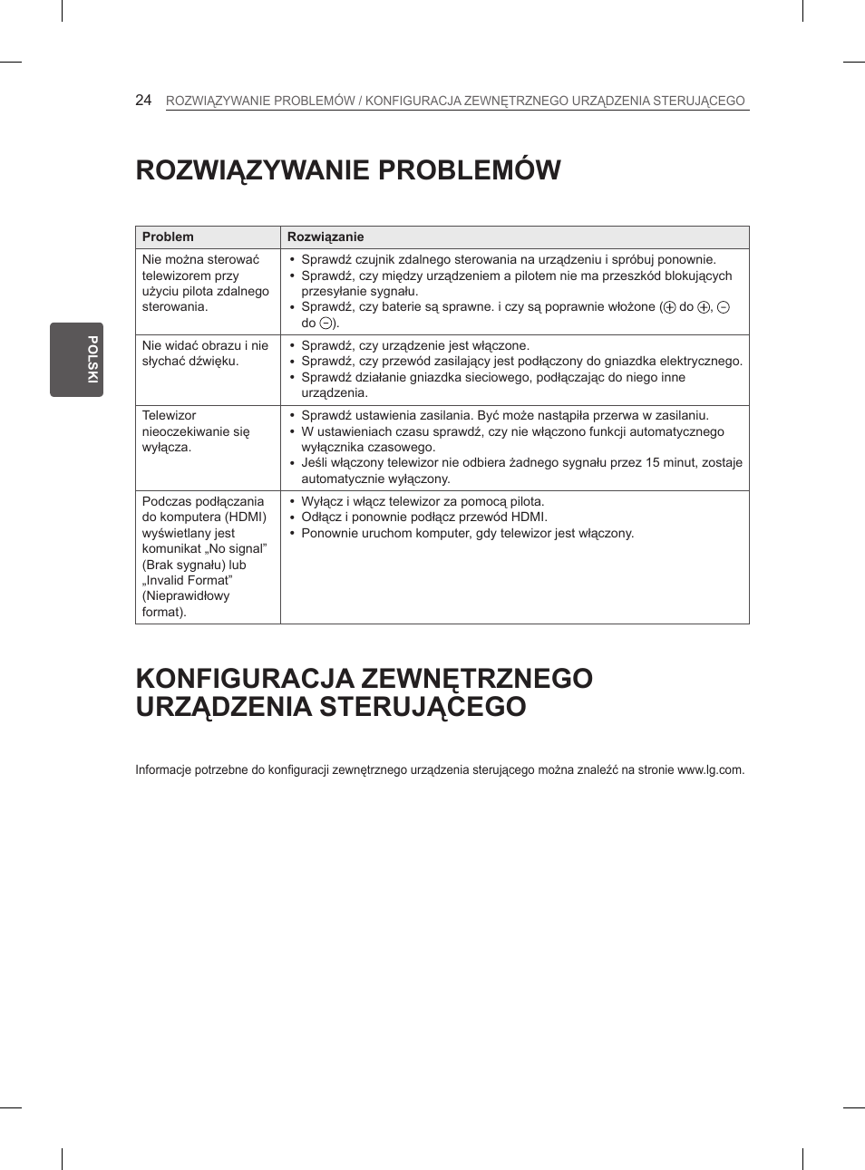 Rozwiązywanie problemów, Konfiguracja zewnętrznego urządzenia sterującego | LG 47LA6130 User Manual | Page 76 / 436