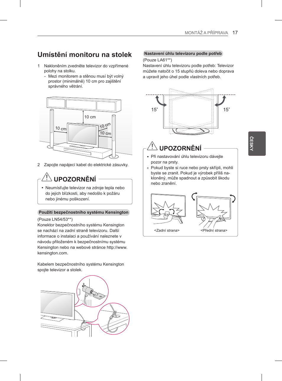 Umístění monitoru na stolek, Upozornění | LG 47LA6130 User Manual | Page 93 / 436