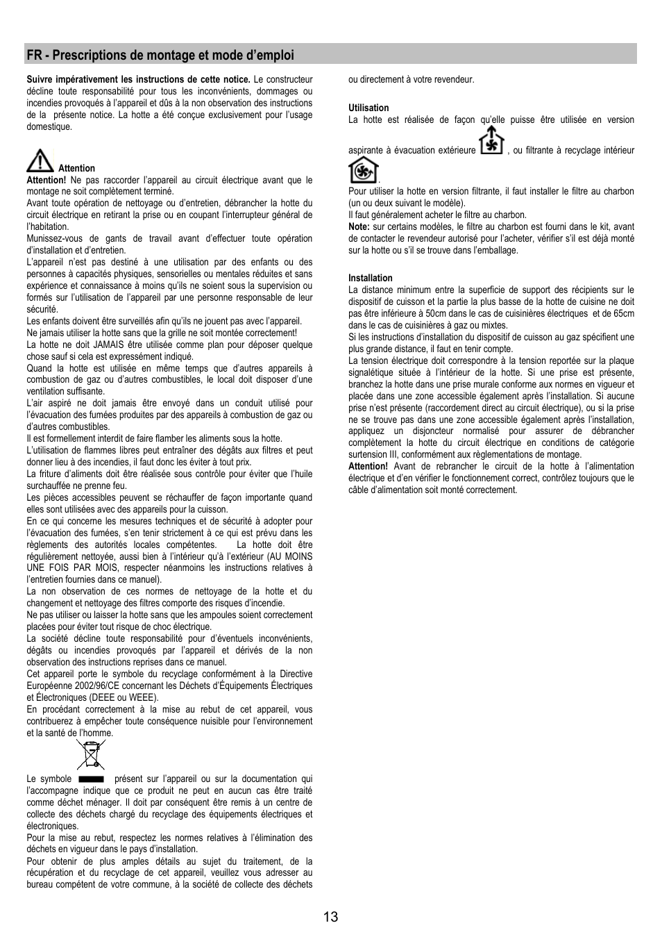Fr - prescriptions de montage et mode d’emploi | AEG DK9690-M User Manual | Page 13 / 72