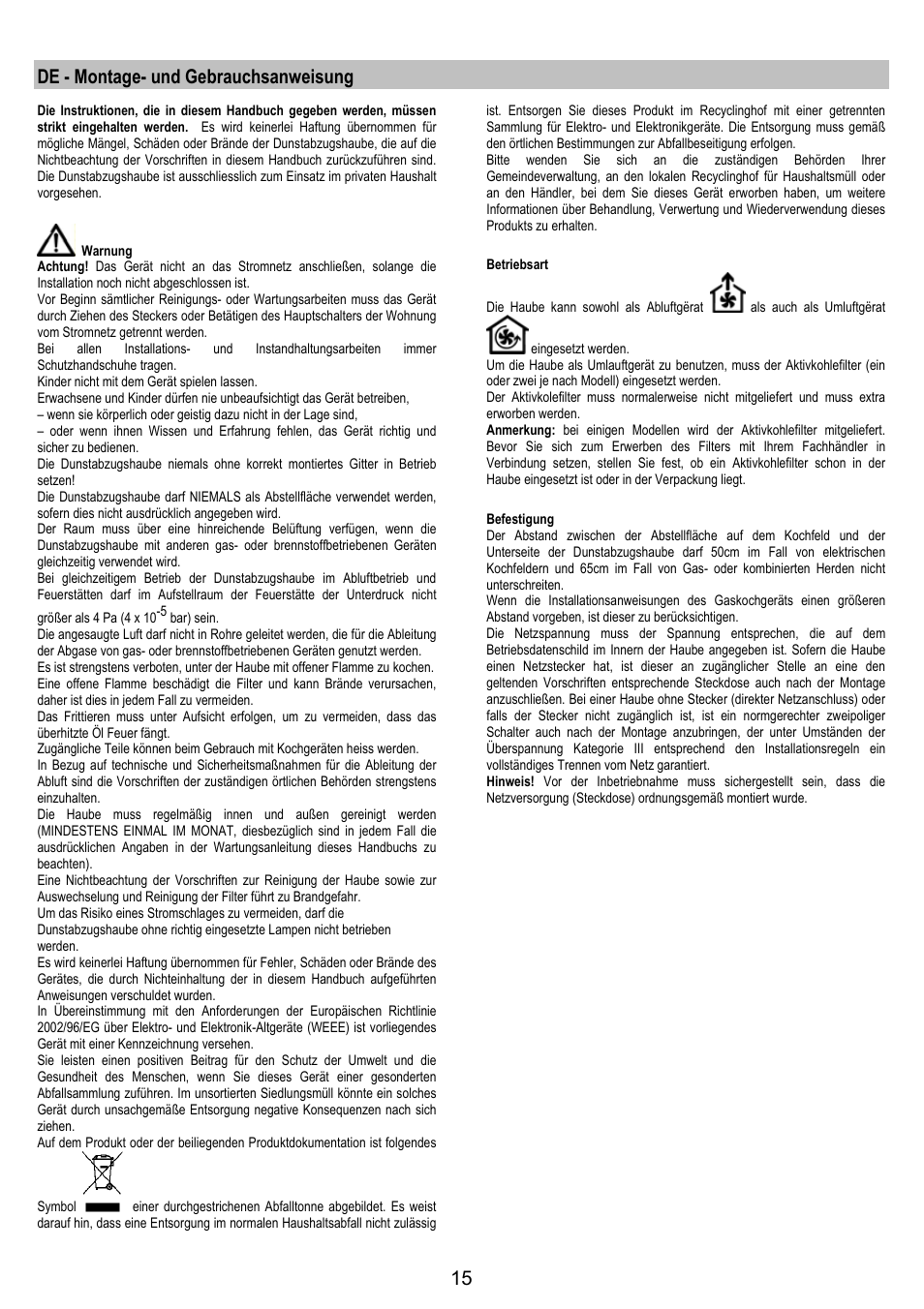 De - montage- und gebrauchsanweisung | AEG DK9690-M User Manual | Page 15 / 72