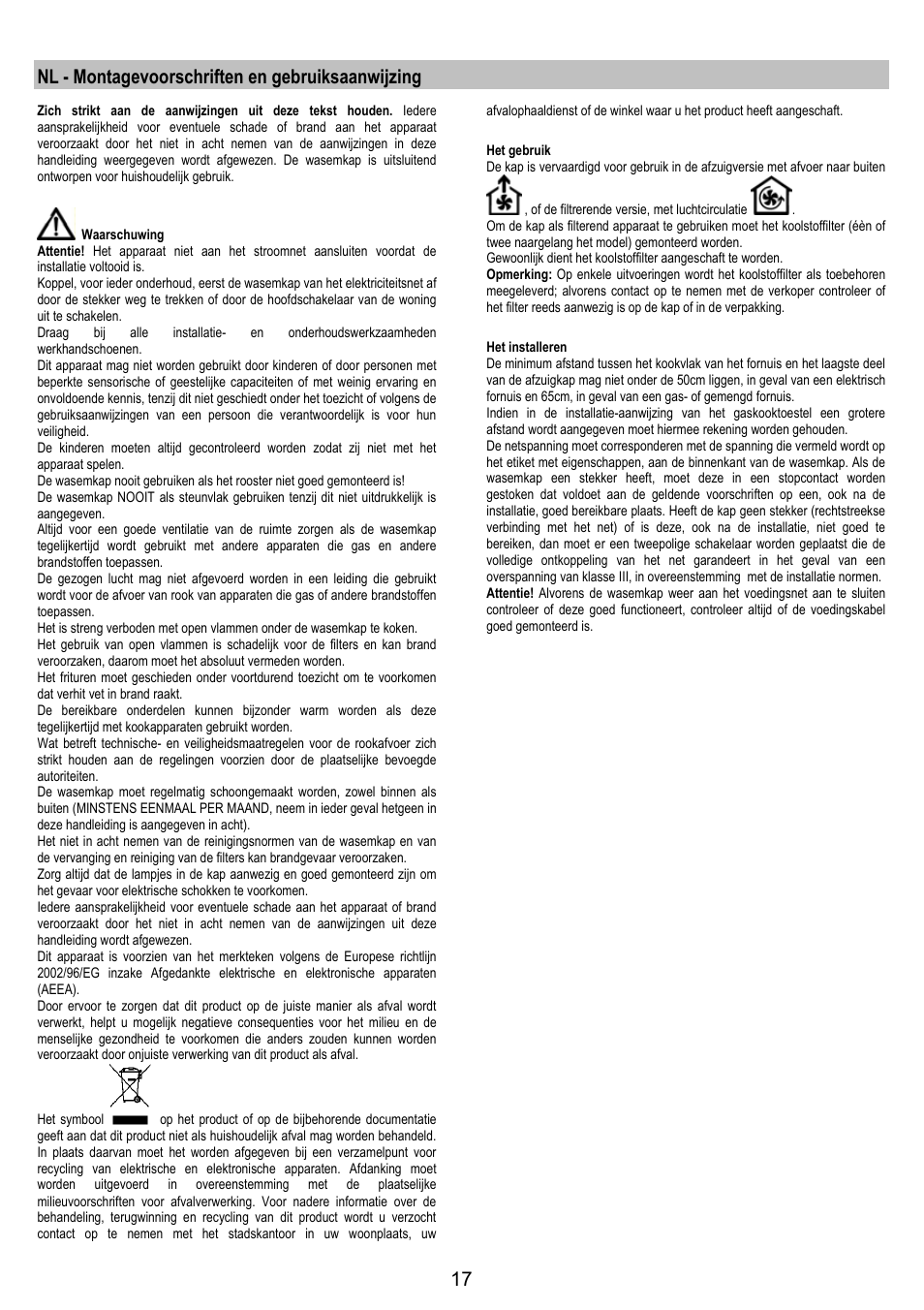 Nl - montagevoorschriften en gebruiksaanwijzing | AEG DK9690-M User Manual | Page 17 / 72