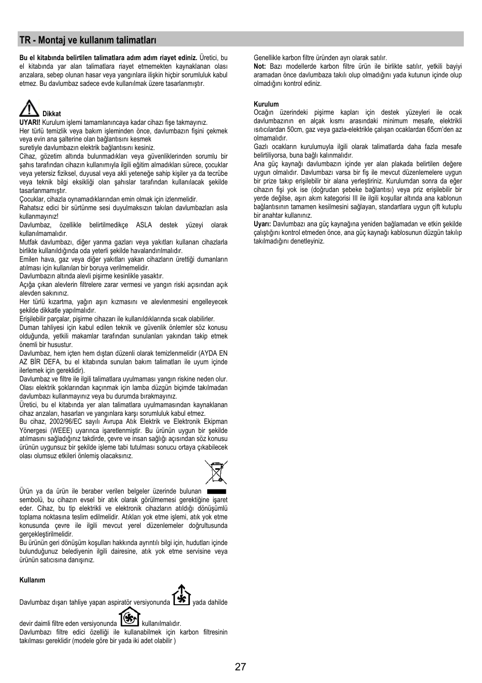 Tr - montaj ve kullanım talimatları | AEG DK9690-M User Manual | Page 27 / 72