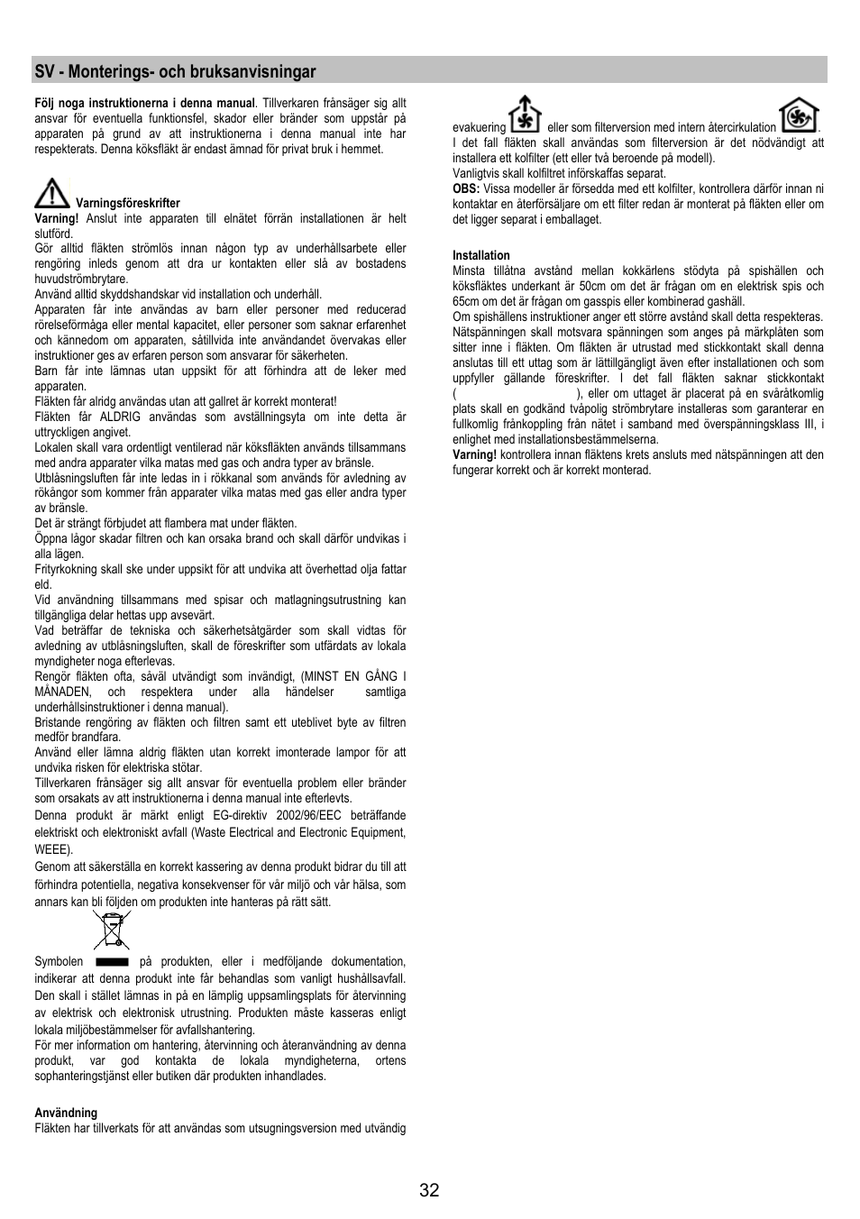 Sv - monterings- och bruksanvisningar | AEG DK9690-M User Manual | Page 32 / 72