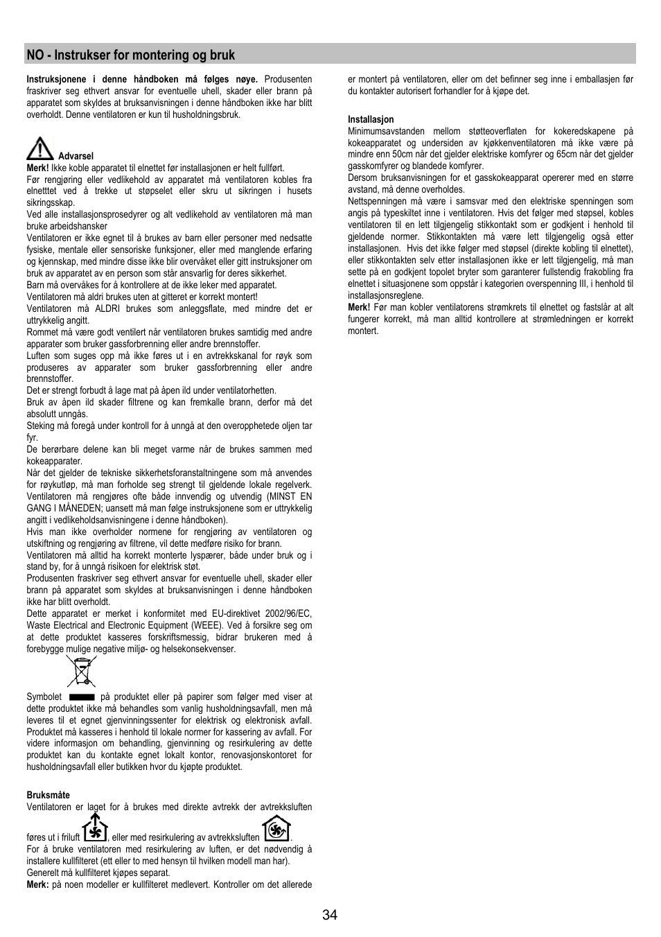 No - instrukser for montering og bruk | AEG DK9690-M User Manual | Page 34 / 72