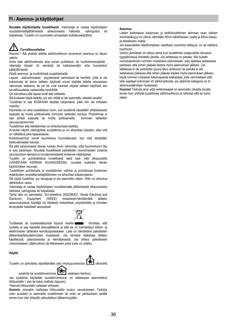 Fi - asennus- ja käyttöohjeet | AEG DK9690-M User Manual | Page 36 / 72