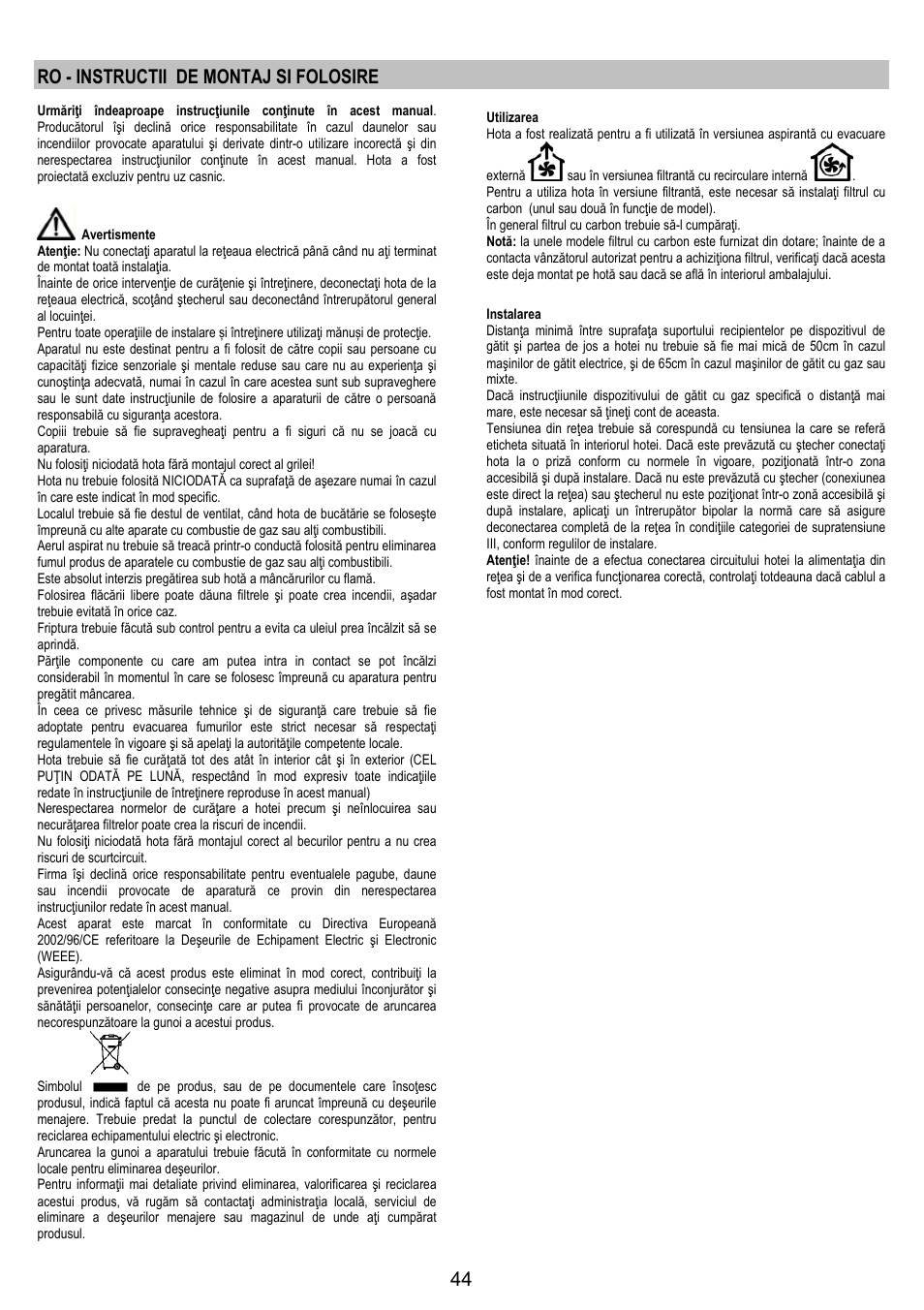 Ro - instructii de montaj si folosire | AEG DK9690-M User Manual | Page 44 / 72