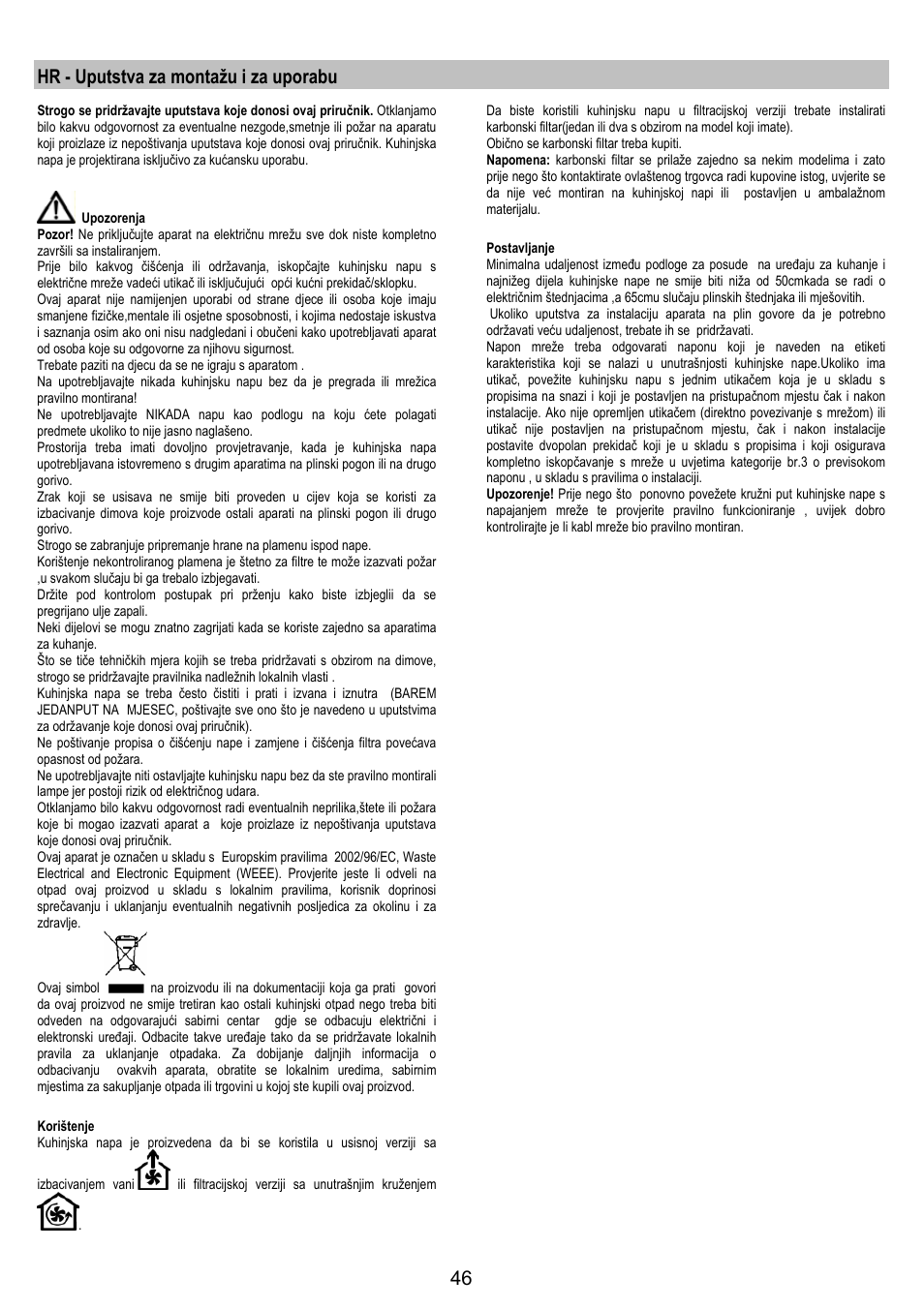 Hr - uputstva za montažu i za uporabu | AEG DK9690-M User Manual | Page 46 / 72