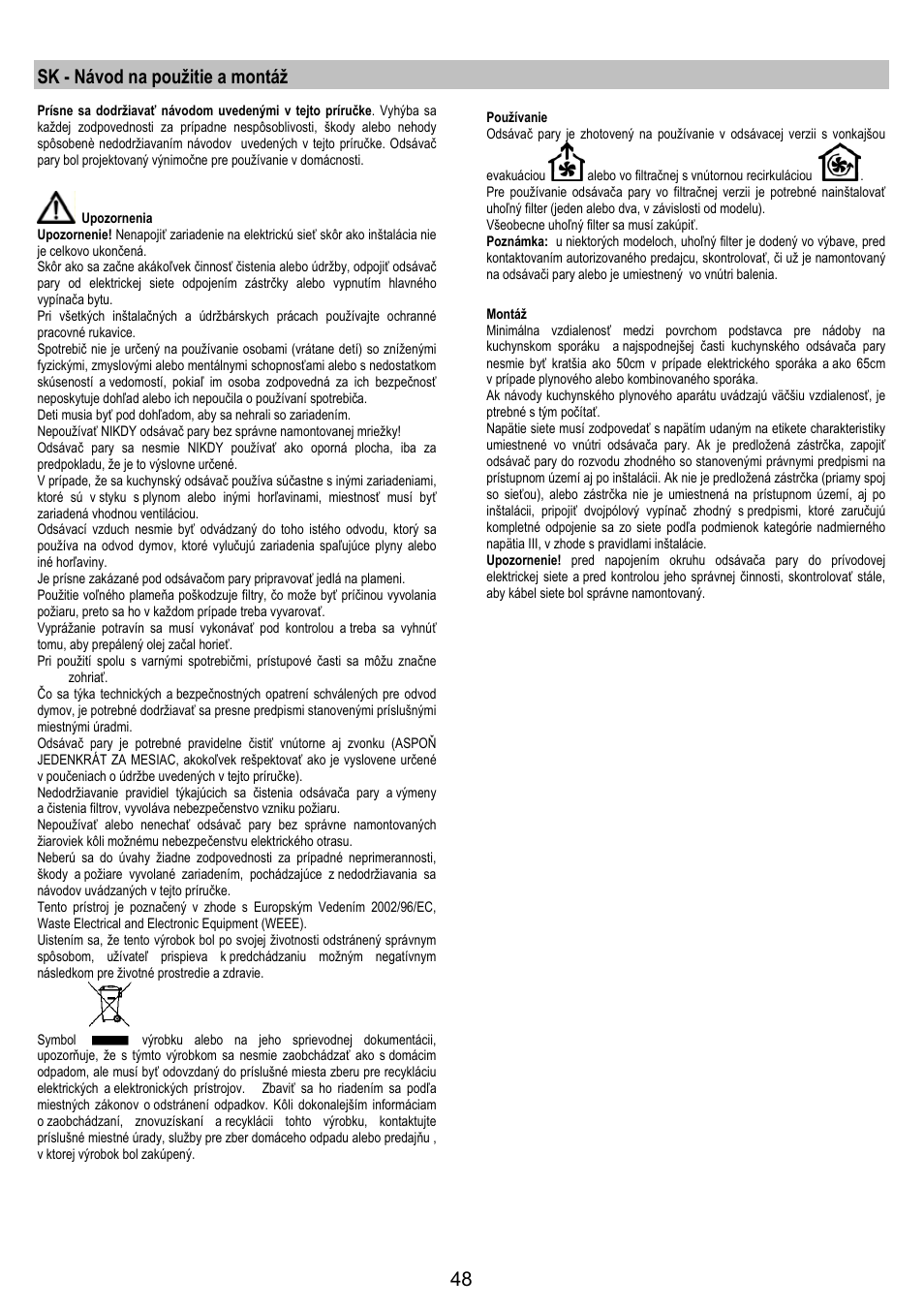 Sk - návod na použitie a montáž | AEG DK9690-M User Manual | Page 48 / 72