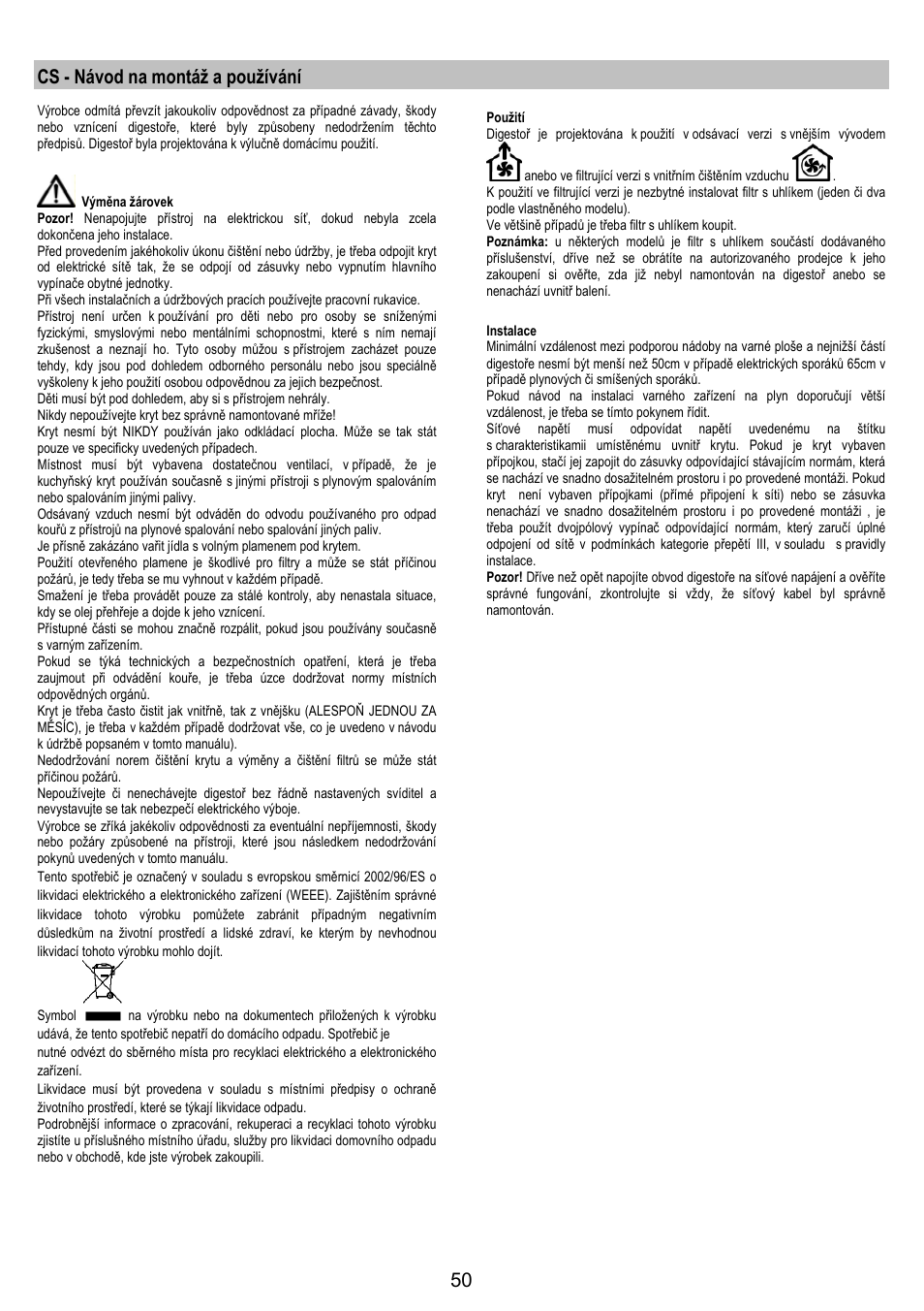Cs - návod na montáž a používání | AEG DK9690-M User Manual | Page 50 / 72