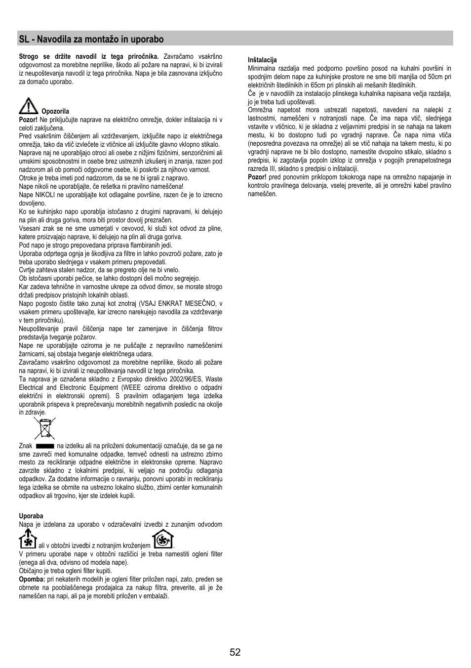 Sl - navodila za montažo in uporabo | AEG DK9690-M User Manual | Page 52 / 72