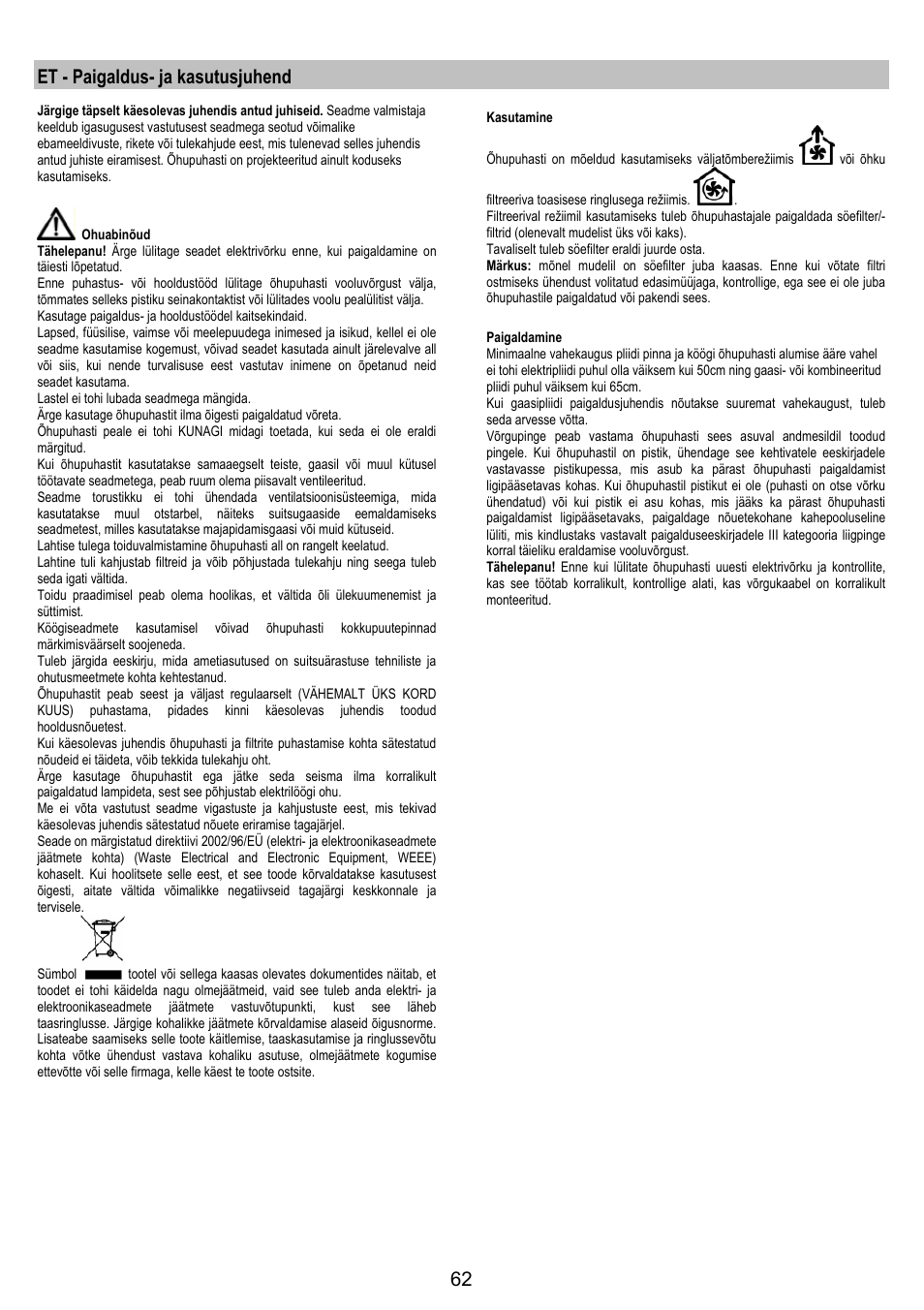 Et - paigaldus- ja kasutusjuhend | AEG DK9690-M User Manual | Page 62 / 72