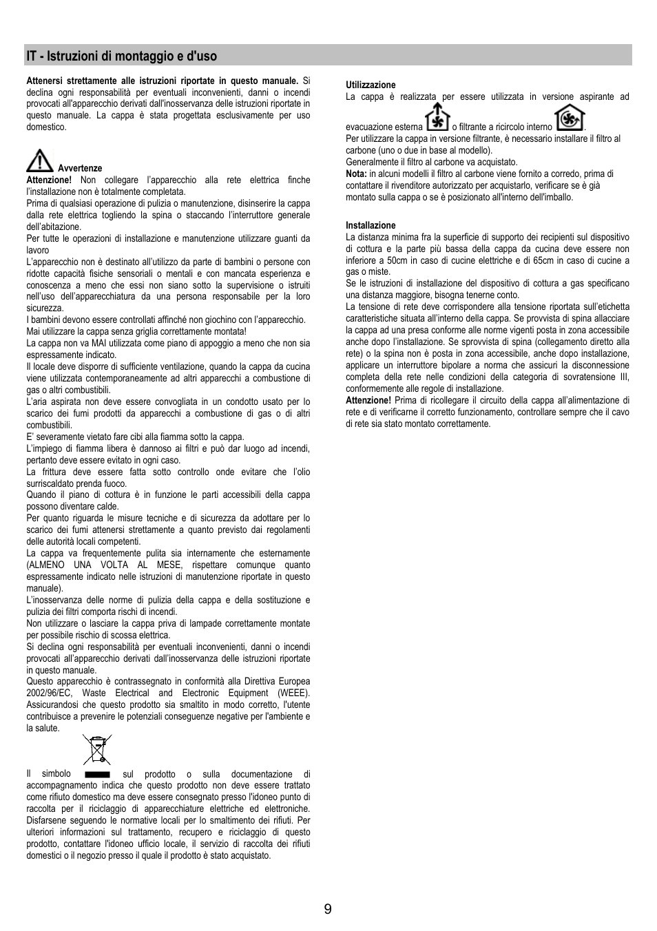 It - istruzioni di montaggio e d'uso | AEG DK9690-M User Manual | Page 9 / 72