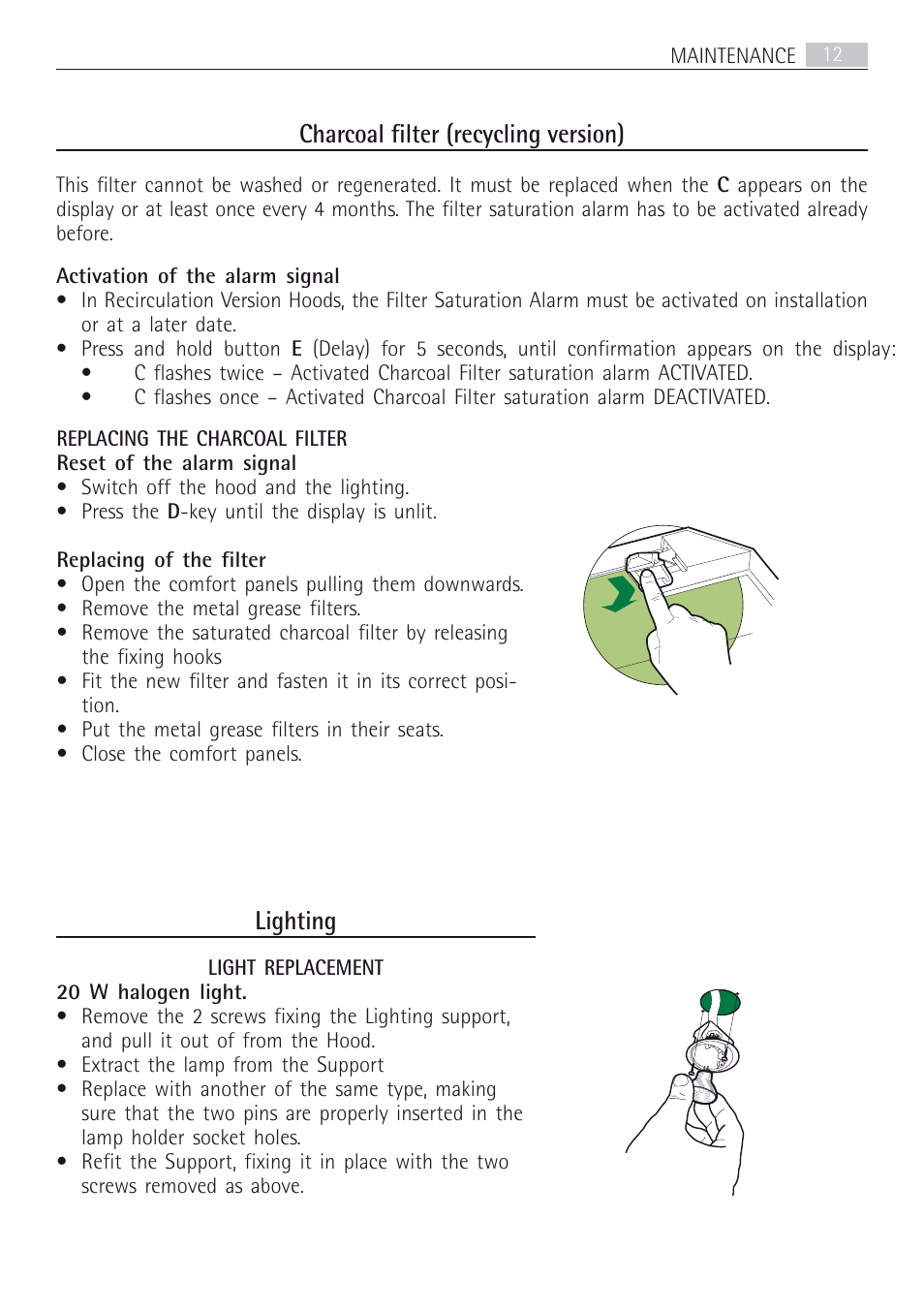 Charcoal filter (recycling version), Lighting | AEG DD8694-M User Manual | Page 12 / 68