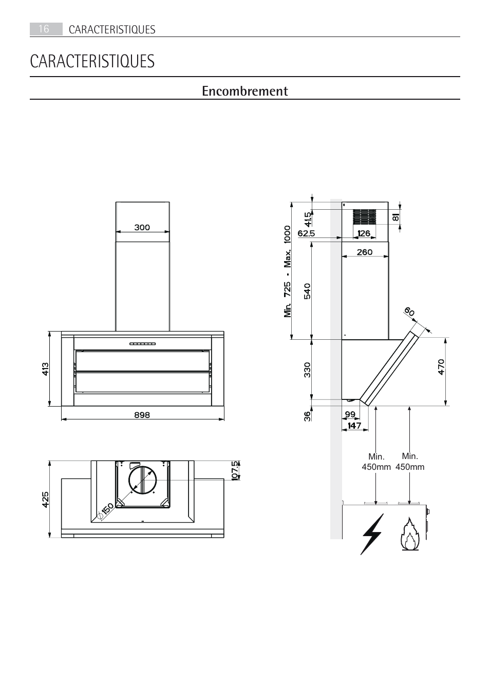 Caracteristiques, Encombrement | AEG DD8694-M User Manual | Page 16 / 68