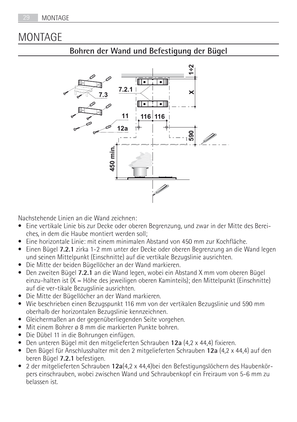 Montage, Bohren der wand und befestigung der bügel | AEG DD8694-M User Manual | Page 29 / 68