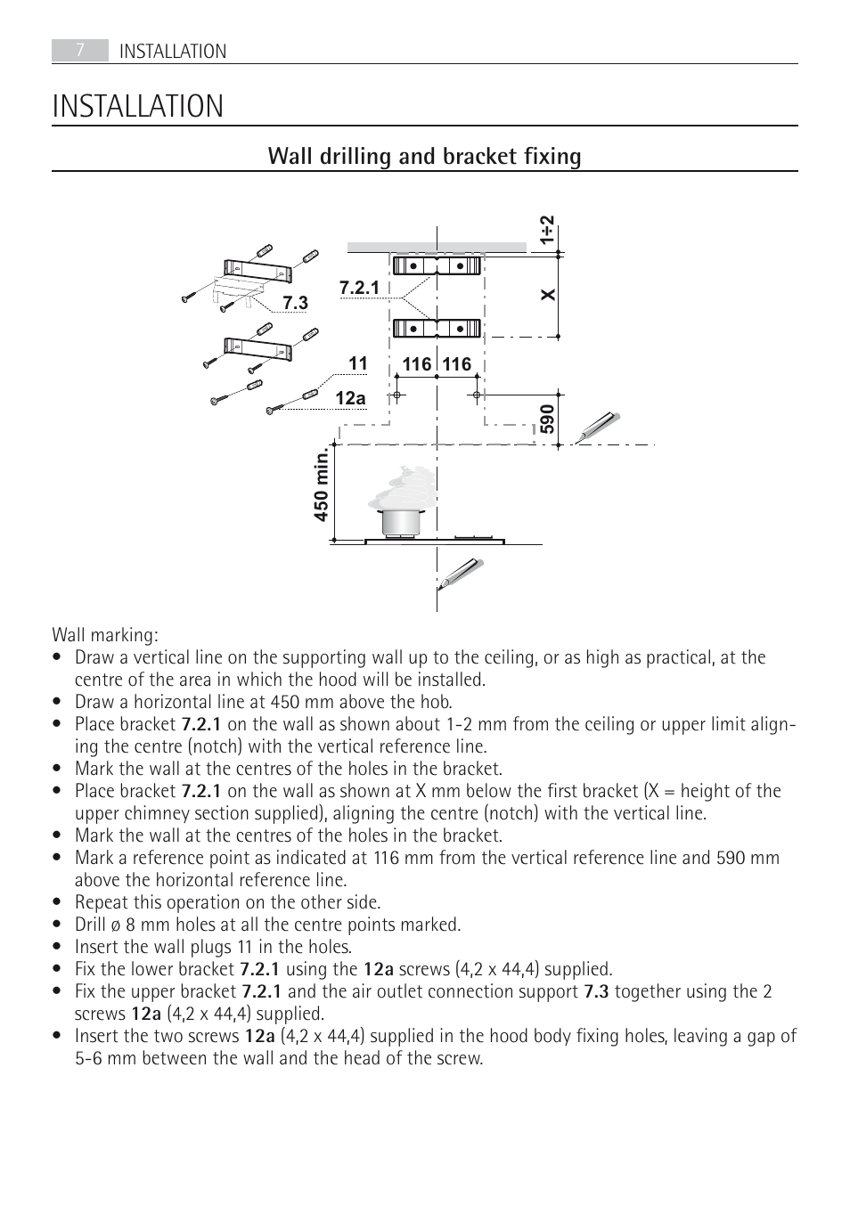 Installation, Wall drilling and bracket fixing | AEG DD8694-M User Manual | Page 7 / 68