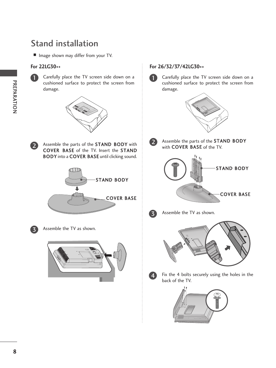 Stand installation | LG 26LG300C User Manual | Page 10 / 97