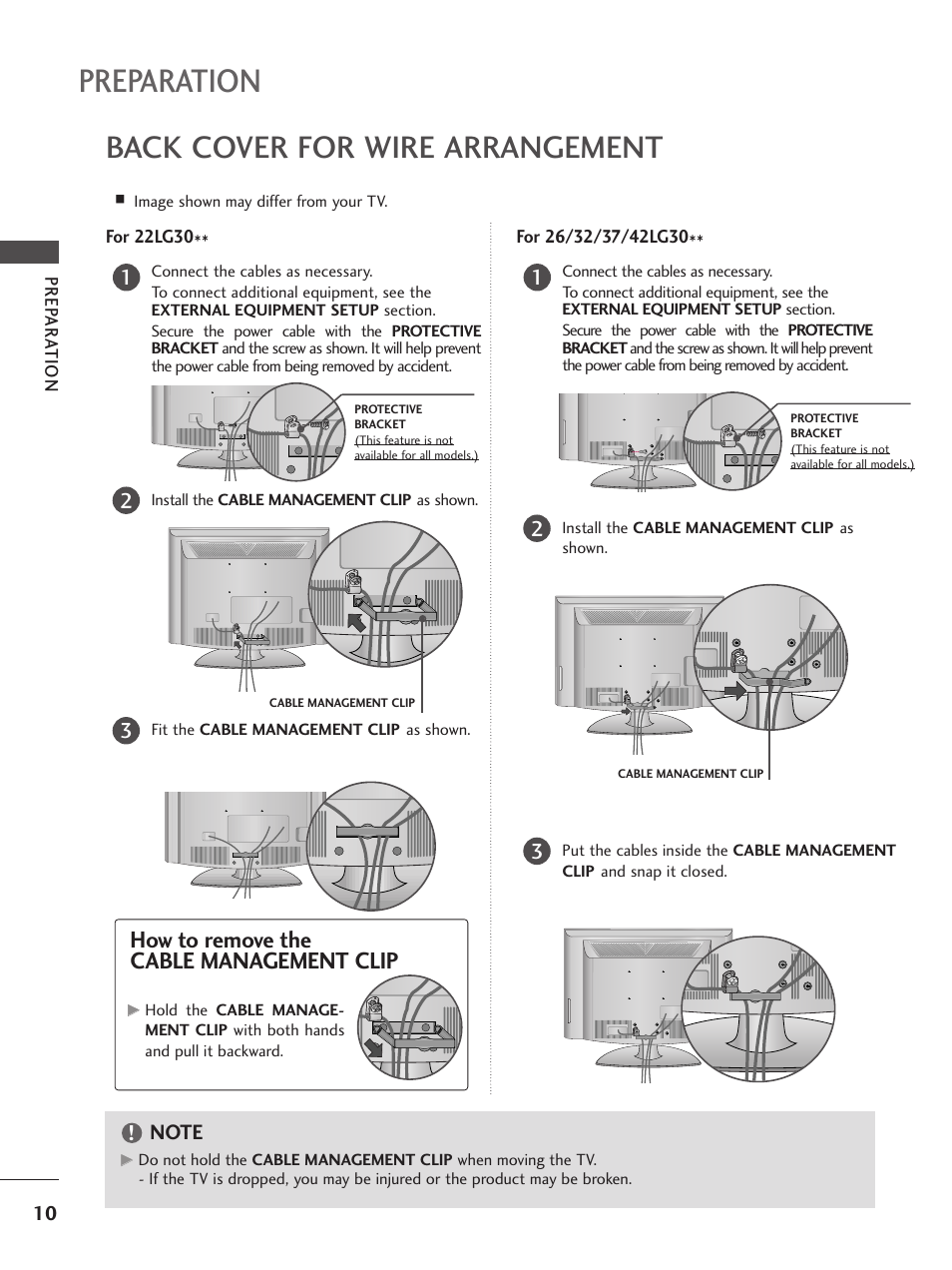 Preparation, Back cover for wire arrangement, How to remove the cable management clip | LG 26LG300C User Manual | Page 12 / 97