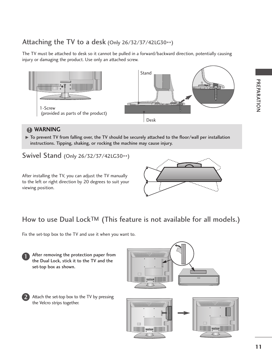 Attaching the tv to a desk, Swivel stand | LG 26LG300C User Manual | Page 13 / 97