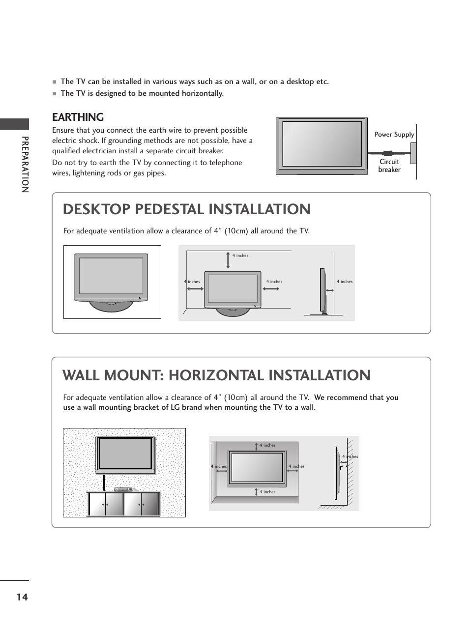 Desktop pedestal installation, Wall mount: horizontal installation, Earthing | Prep ar a t ion | LG 26LG300C User Manual | Page 16 / 97