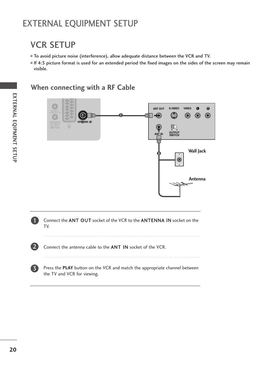 External equipment setup, Vcr setup, When connecting with a rf cable | External e qipment setup | LG 26LG300C User Manual | Page 22 / 97