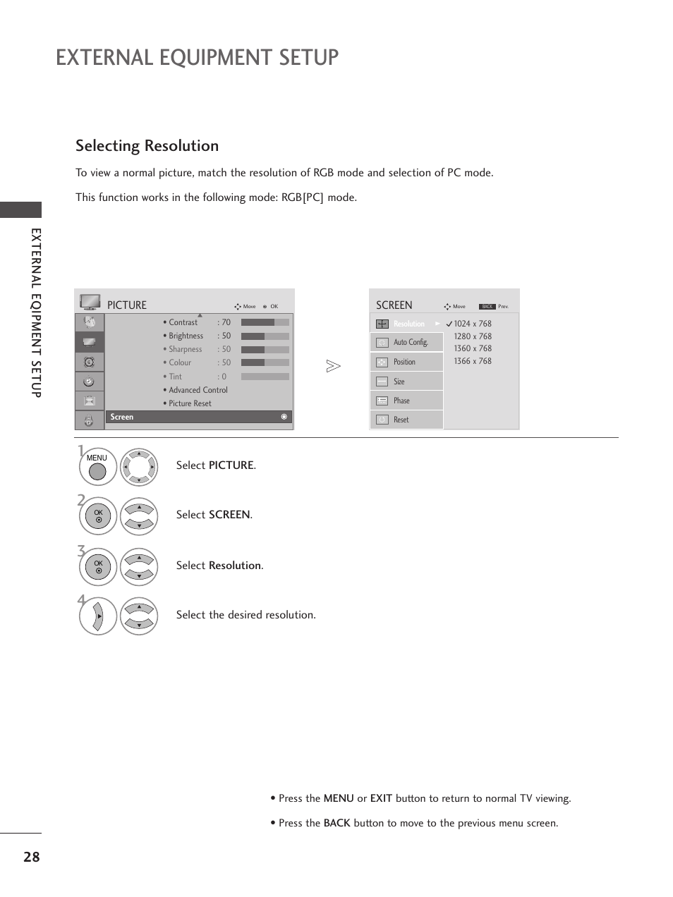 External equipment setup, Selecting resolution 1, External e qipment setup | LG 26LG300C User Manual | Page 30 / 97