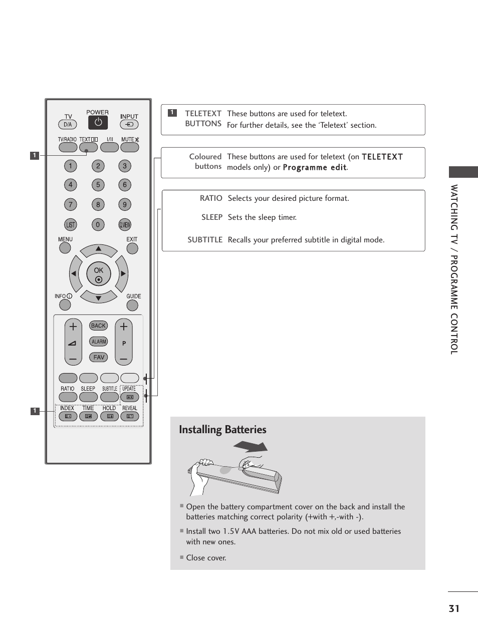 Installing batteries | LG 26LG300C User Manual | Page 33 / 97